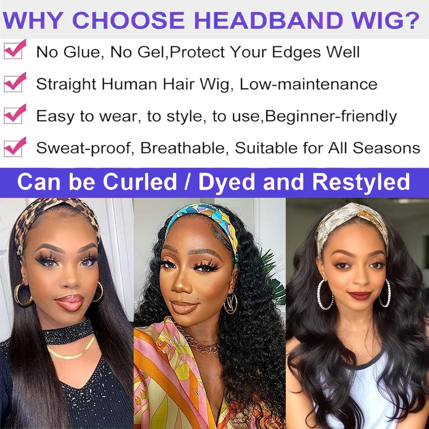 Straight Headband Wig Human Hair Wear and Go Glueless Wigs 150% Density Machine Made No Lace Headband Wig 20 Inch Natural Color Brazilian Virgin Hair