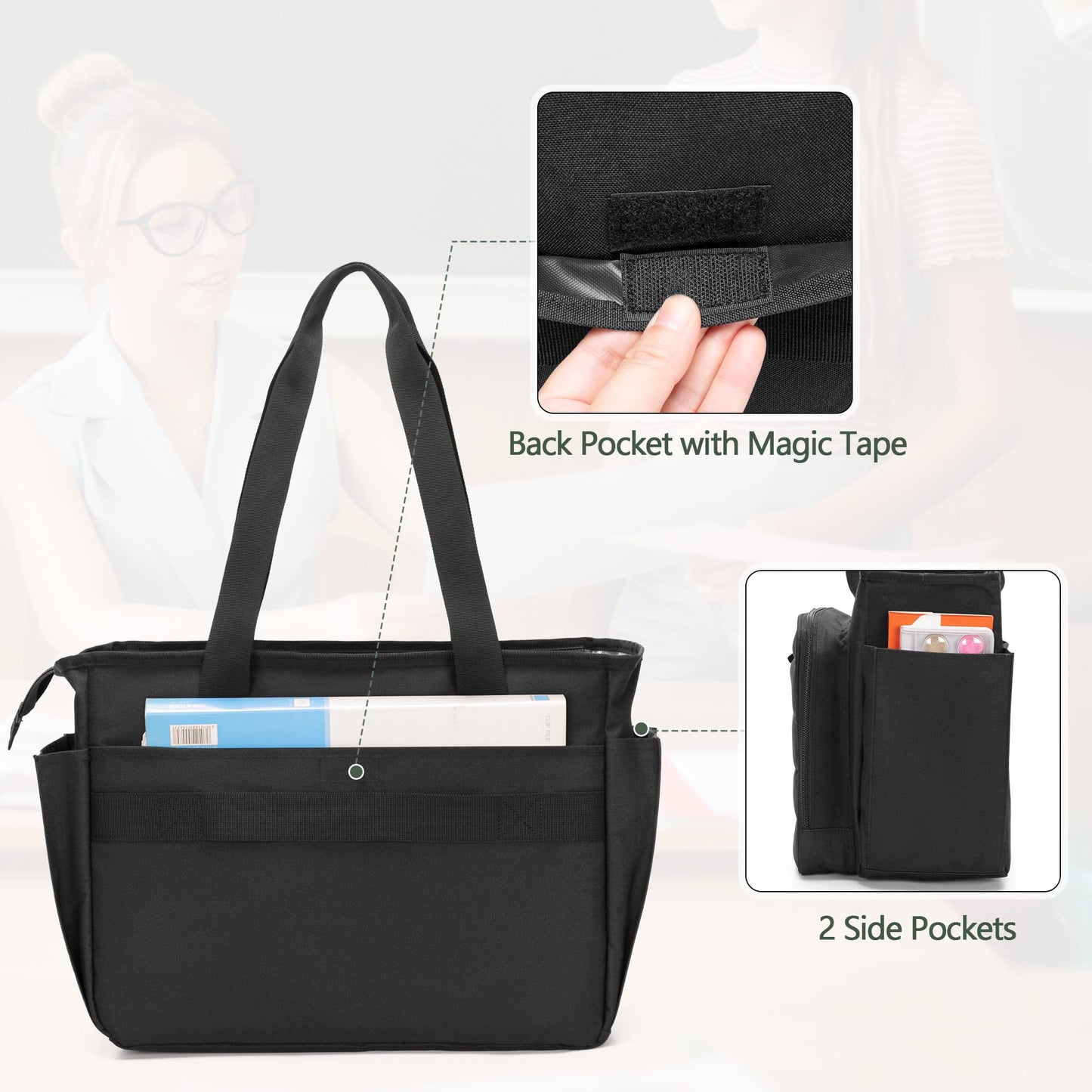 CURMIO Large Teacher Tote Bag for Women, Portable Teacher Bag with Accordion Organizer Compartment and Padded Laptop Sleeve for School Supplies, Ideal Gifts for Teachers, Black (Patent Pending)