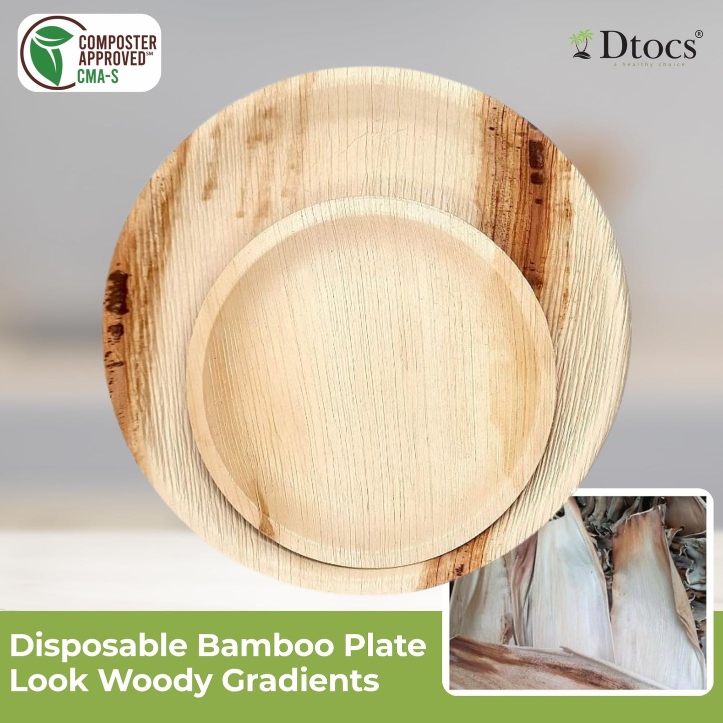 Dtocs Palm Leaf Disposable Plates (50 Pcs.) – 10 Inch Dinner, 7 Inch Dessert Plate Set (25 Each) | Eco-Friendly Rustic Bamboo, Wooden Plate Look Party Dinnerware Set | Sturdy Alt Round Paper Plates