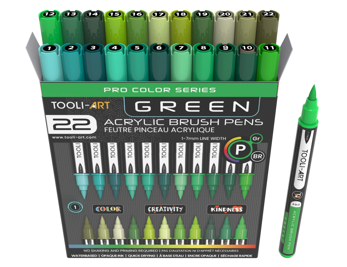 22 Flexible Brush Tip Green Tones Acrylic Paint Pens Markers Set 1-7mm Line for Rock Painting, Brush Lettering, Glass, Mugs, Wood, Metal, Canvas, Fabric, Plastic. Non Toxic Waterbased Quick Drying