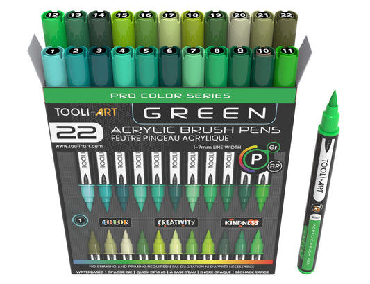 22 Flexible Brush Tip Green Tones Acrylic Paint Pens Markers Set 1-7mm Line for Rock Painting, Brush Lettering, Glass, Mugs, Wood, Metal, Canvas, Fabric, Plastic. Non Toxic Waterbased Quick Drying