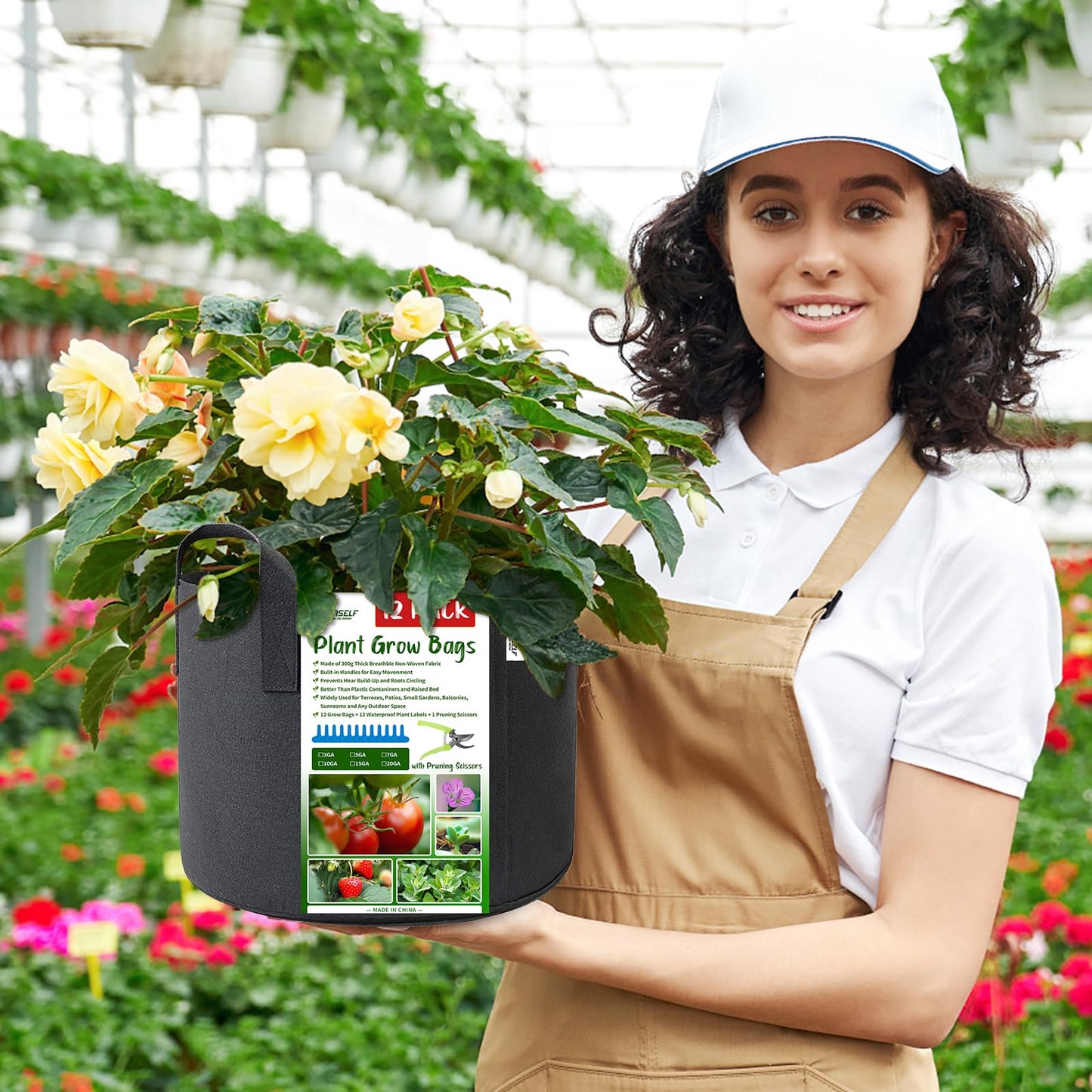 SYOURSELF Grow Bags 12 Pack 15 Gallon Grow Bags,300G Thickened Nonwoven Fabric Pots with Handles Potato Grow Bags Garden Bags for Vegetable Flower Garlic (12 Plant Lables+1 Pruning Scissors Included)