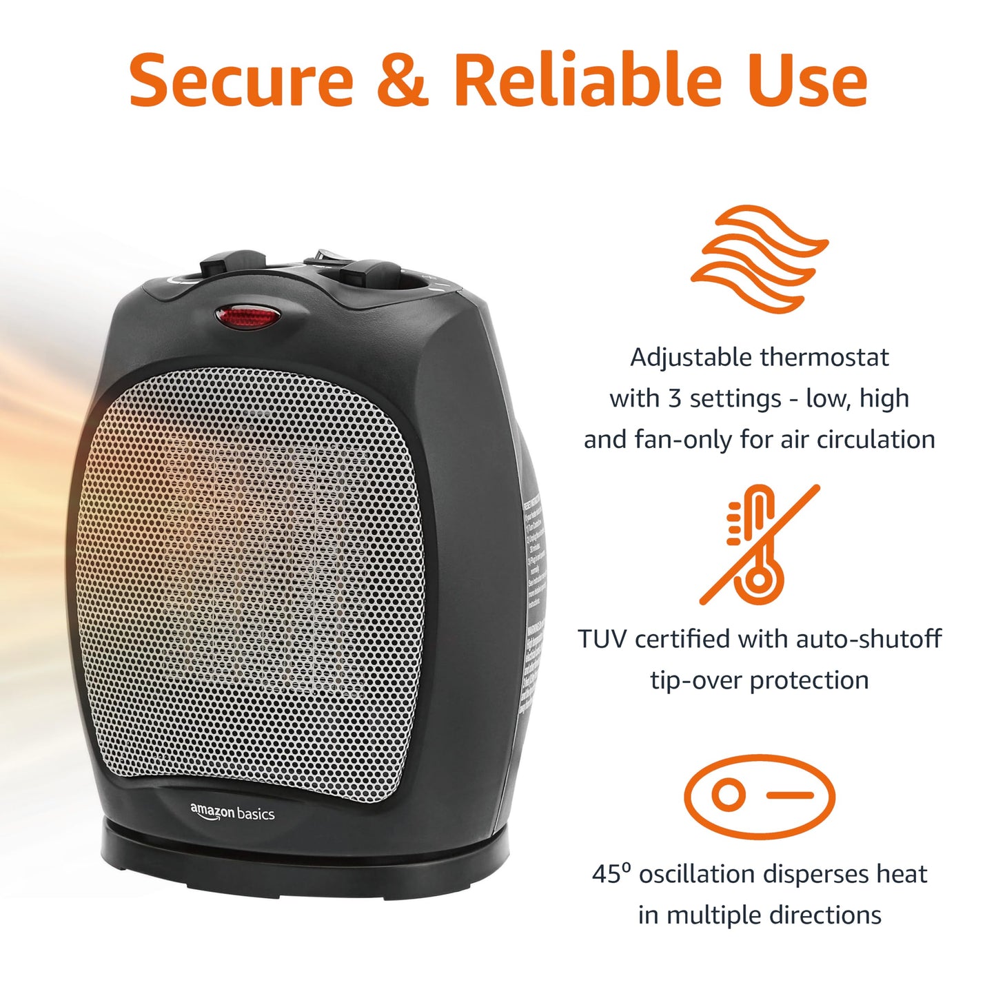 Amazon Basics Oscillating Ceramic Space Heater, Portable Heater for Indoor Use, for Office and Home, With Overheat and Tip-Over Protection, Thermostat, 1500W, Black, 7.52"D x 6.34"W x 9.45"H