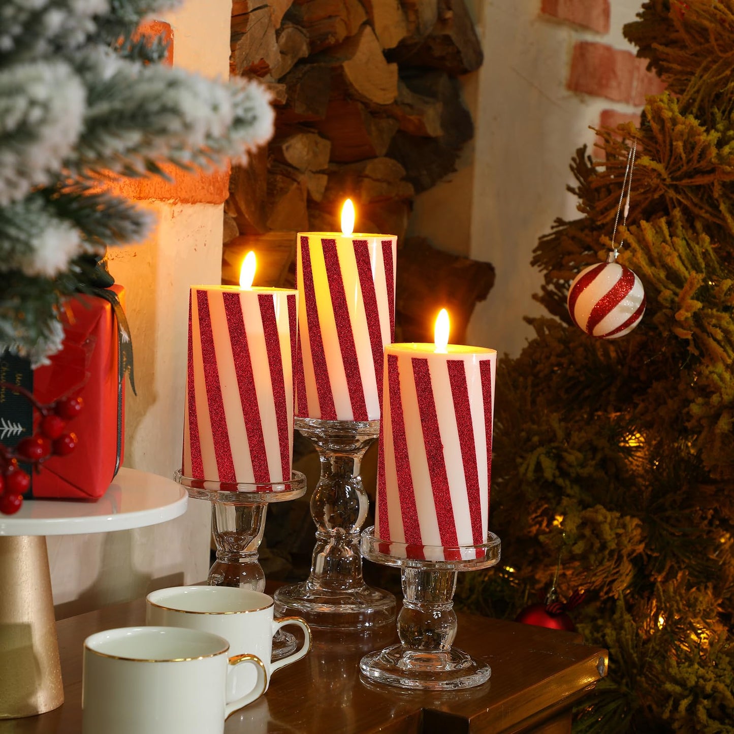 Baquler 3 Pcs Christmas Flameless Candles Candy Cane LED Pillar Candle Peppermint Glitter Stripe Red and White Battery Operated Candlestick for Xmas Party Holiday Table Centerpiece Home Decoration