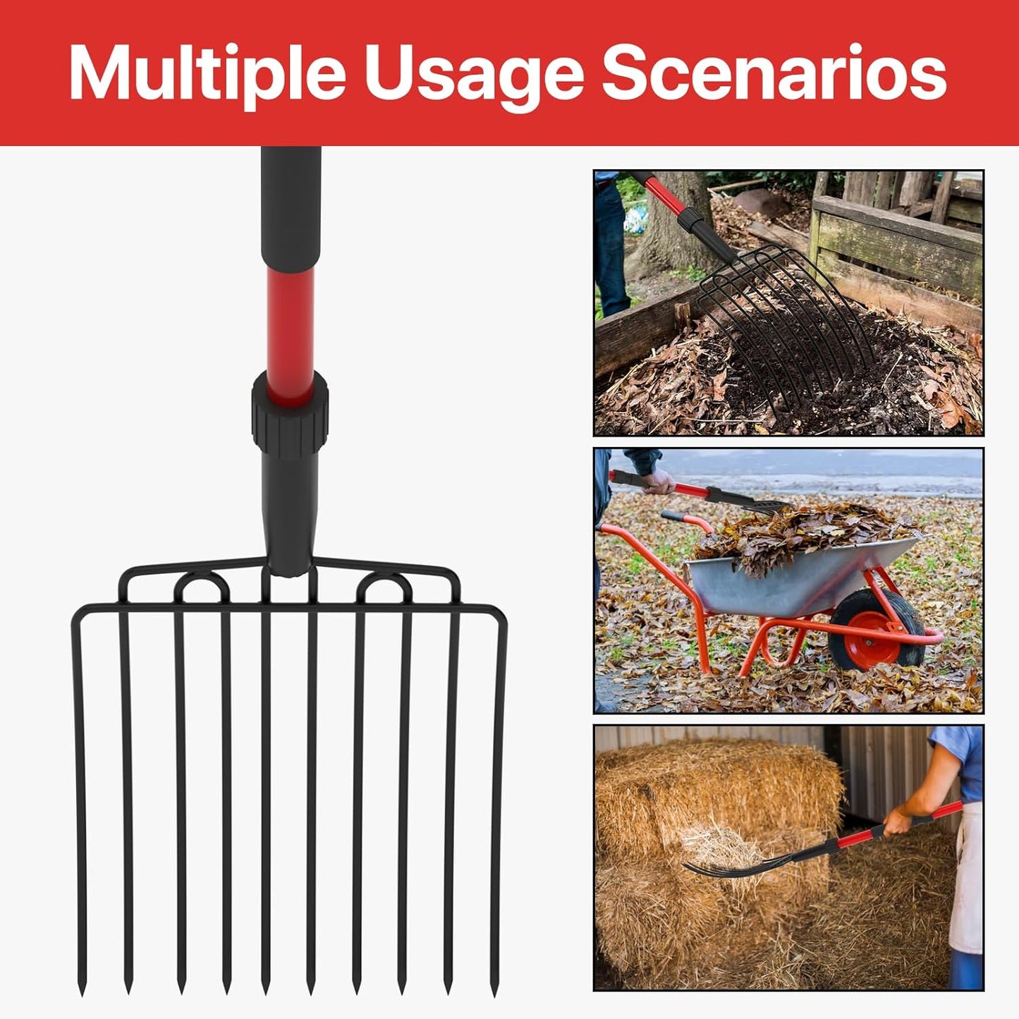 COSITA Pitch Fork for Garden, Wide Pitchfork with 10 Metal Tines, Heavy Duty Garden Fork with Fiberglass Handle 44-Inches, Chicken Coop Pitchforks for Manure, Mulching, Composting, Red