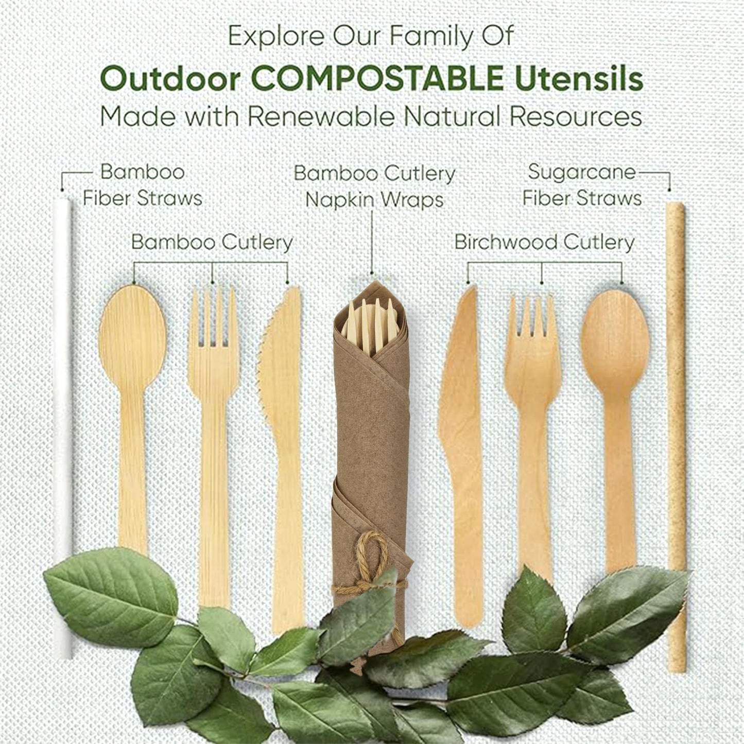 EcoPreps Premium Pre-Rolled Napkins Set and Bamboo Cutlery with Brown Napkins (30 Pieces, 120 Pieces) 100% Biodegradable, Eco-Friendly, Disposable Cutlery - Fork