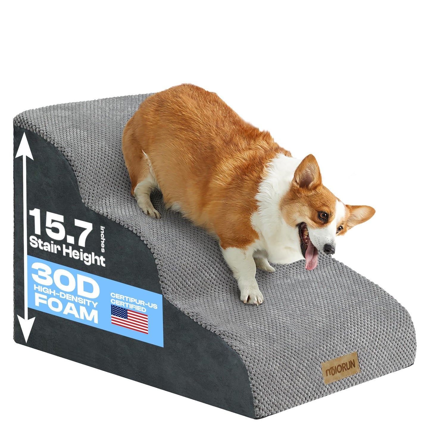 Miorun Dog Stairs Ramp for Bed and Couch Up to 17", Slope 3-Step Foam Steps for Pets to get on Sofa, Puppy Ladder with Washable Cover and Balanced Non-Slip Base, Ideal for Older Cats