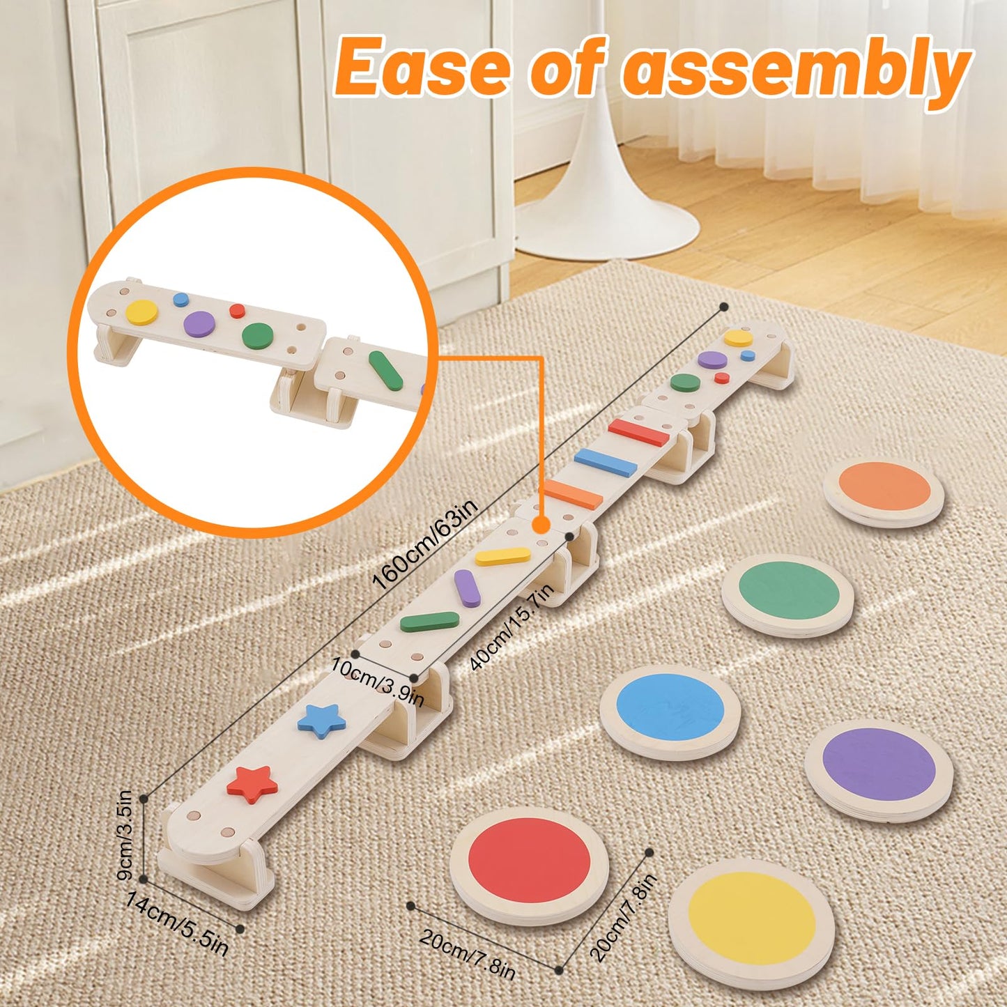 3 in 1 Wooden Balancing Beam for Children and Toddlers with Stepping Stones, Multifunctional Montessori Balancing Board with Obstacle Course, Balance and Sensory Training