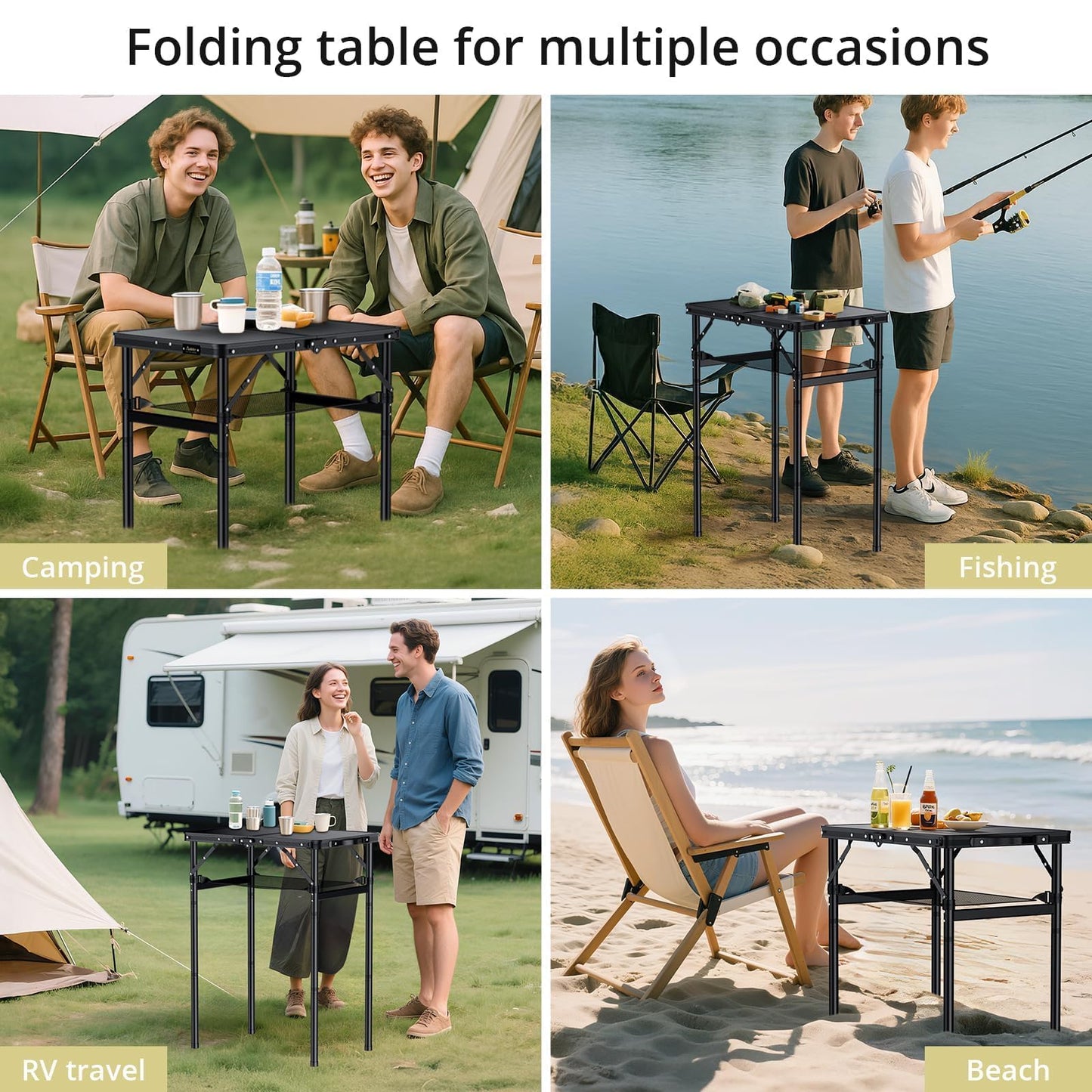 Anbte 2ft Small Folding Table Max 29.5" with Storage Net, 3 Adjustable Height Sturdy Aluminum Camping Table with Portable Handle, Lightweight, for Travel Outdoor Beach Picnic, 23.2" x 16", Pure Black