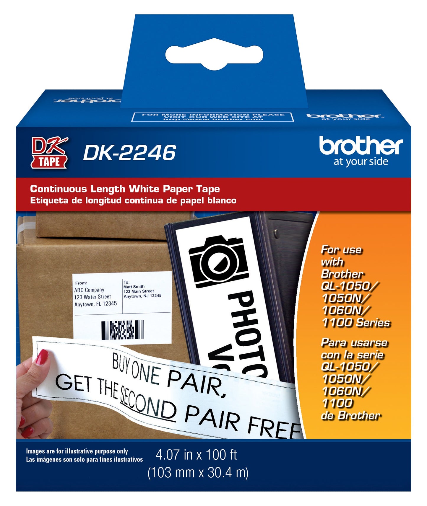 Brother DK-2246 for QL Series Label Printers Continuous Paper Tape - 4.07 in. x 100 ft. (103 mm x 30.4 m) Black on White