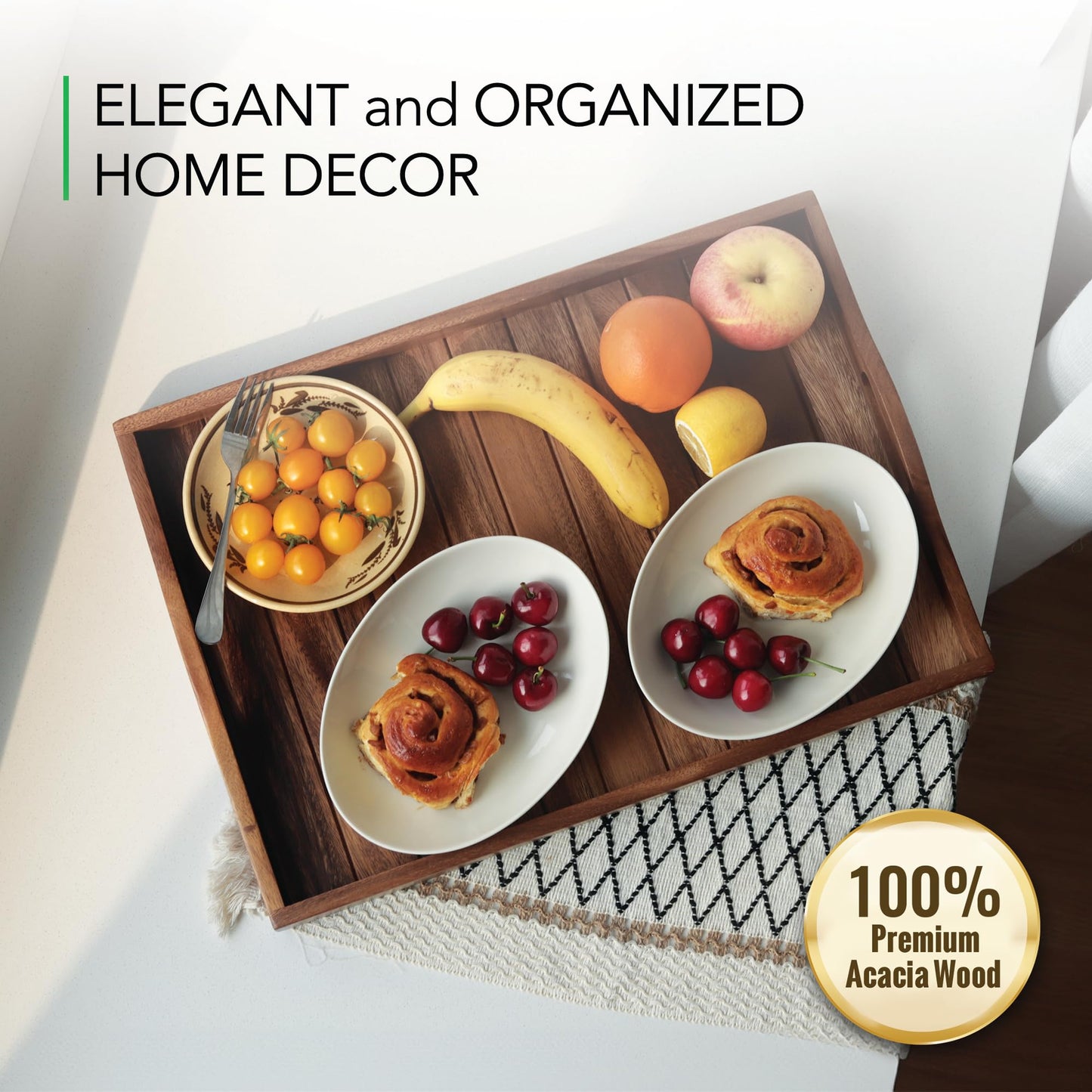 Large Acacia Wooden Serving Tray with Handles 50.5 x 35.3 cm Decorative Coffee Table Ottoman Tray for Living Room Extra Large for Dinner Food Bar Breakfast in Bed (Natural)