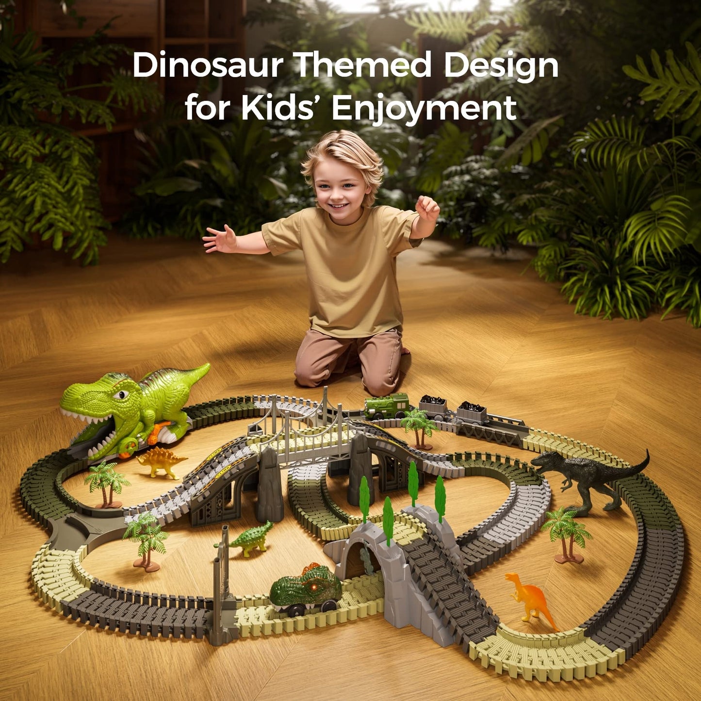 TUMAMA Dinosaur Toys Race Track, 281 Pcs Dinosaur Train Toys for Kids 3-5 5-7, Flexible Train Tracks with 4 Dinosaurs Figures, 2 Electric Race Cars with Light, Create A Dinosaur Road Race for Toddlers