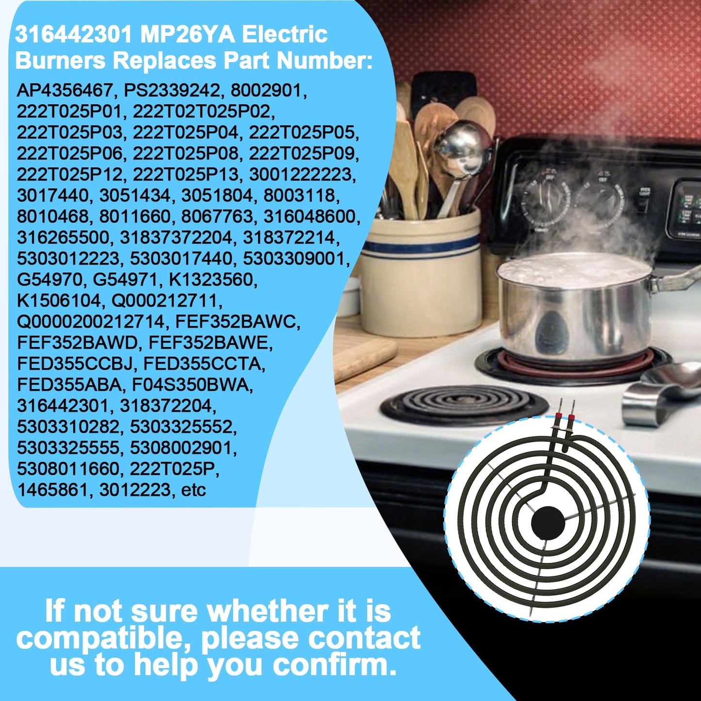 Wadoy 316442301 MP26YA 8 inch 5 Turns Surface Burner Element - Compatible Heating Element for Range, Stove & Cooktop AP4356467 222T025