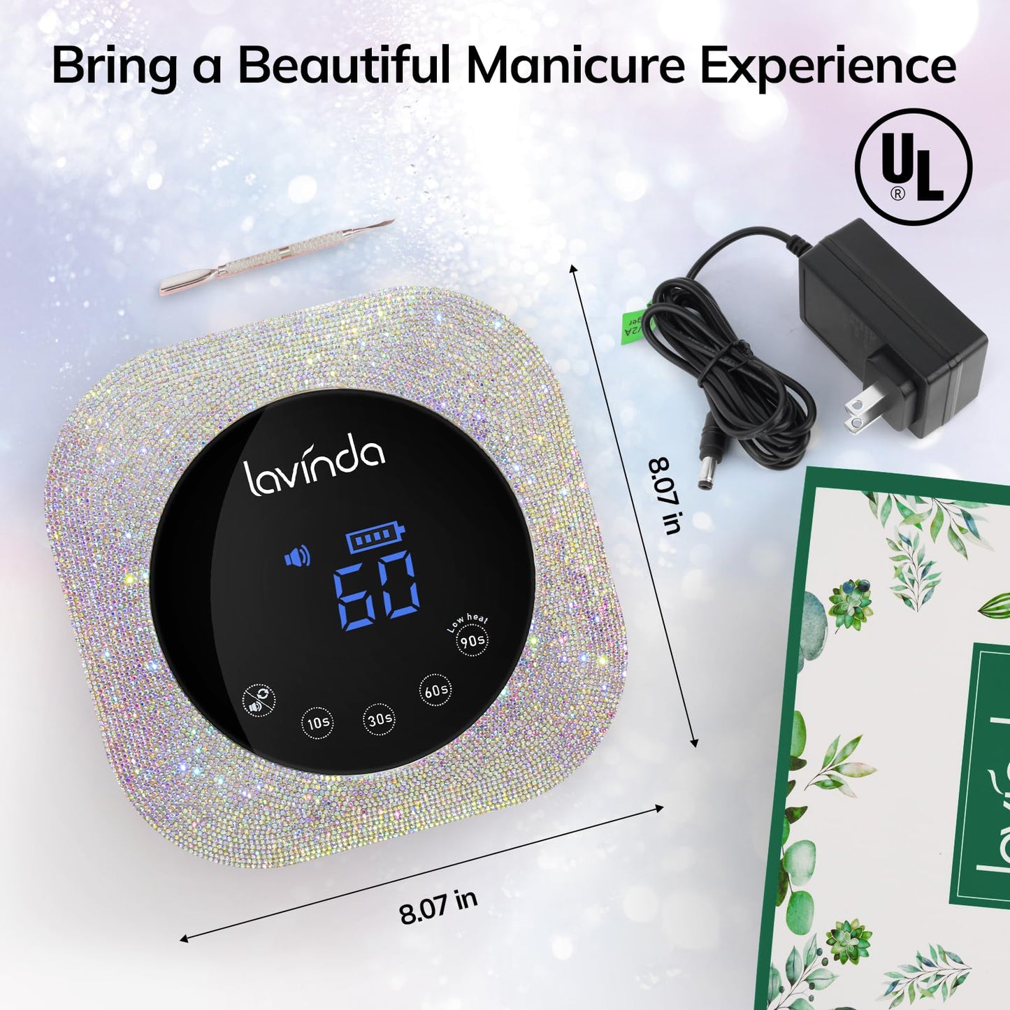 Lavinda UV LED Nail Lamp for Gel Nails, Cordless Rechargeable Nail Light with 4 Timer Settings, Touch LCD Display, Removable Base, 54W Professional Nail Dryer for Salon Home Use Diamond Design
