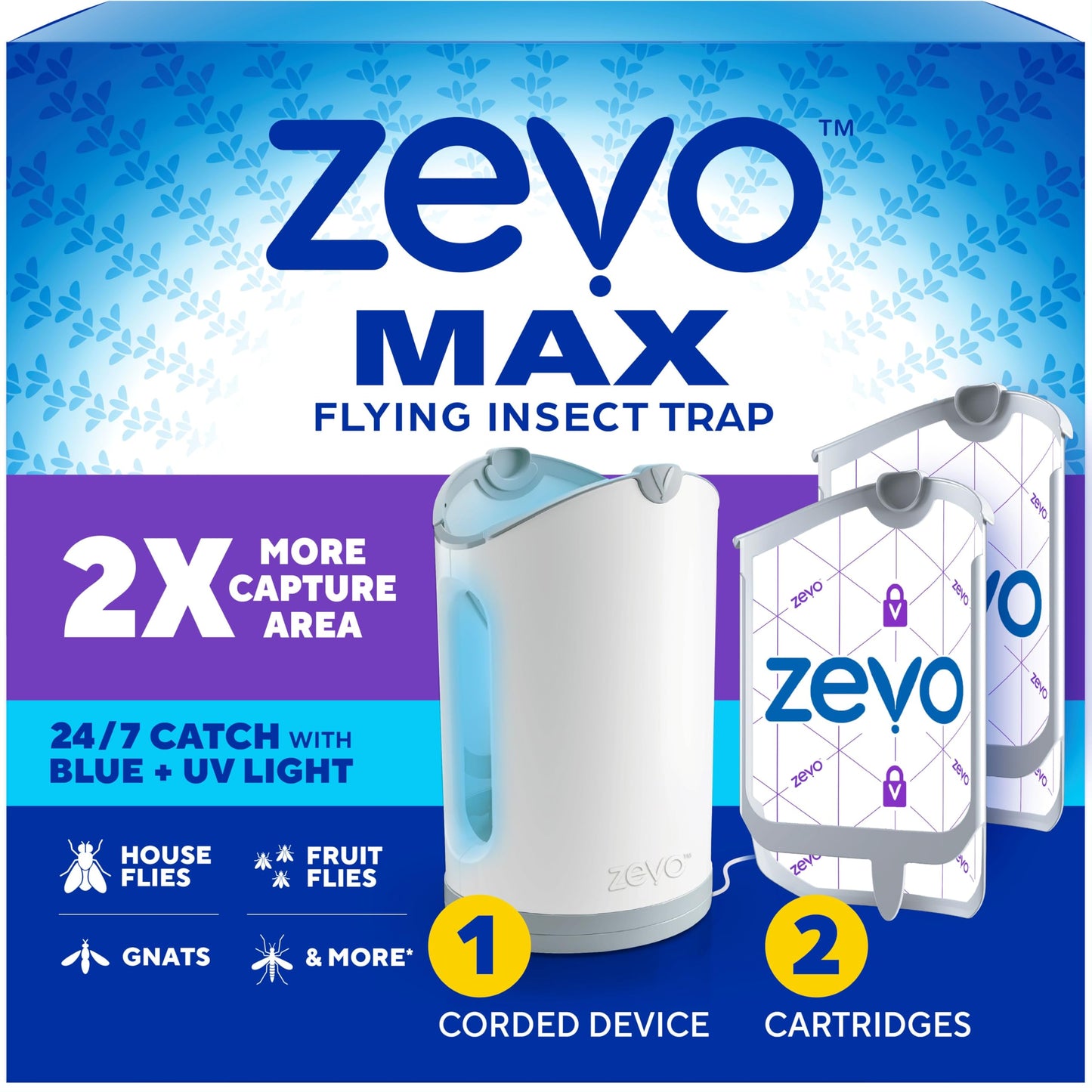 Zevo MAX Bug Catcher & Fly Trap for Indoors - Flying Insect Trap for Gnats, House & Fruit Flies - Use in Any Room - No-Mess Disposal (1 Plug in Base & 2 Cartridges)