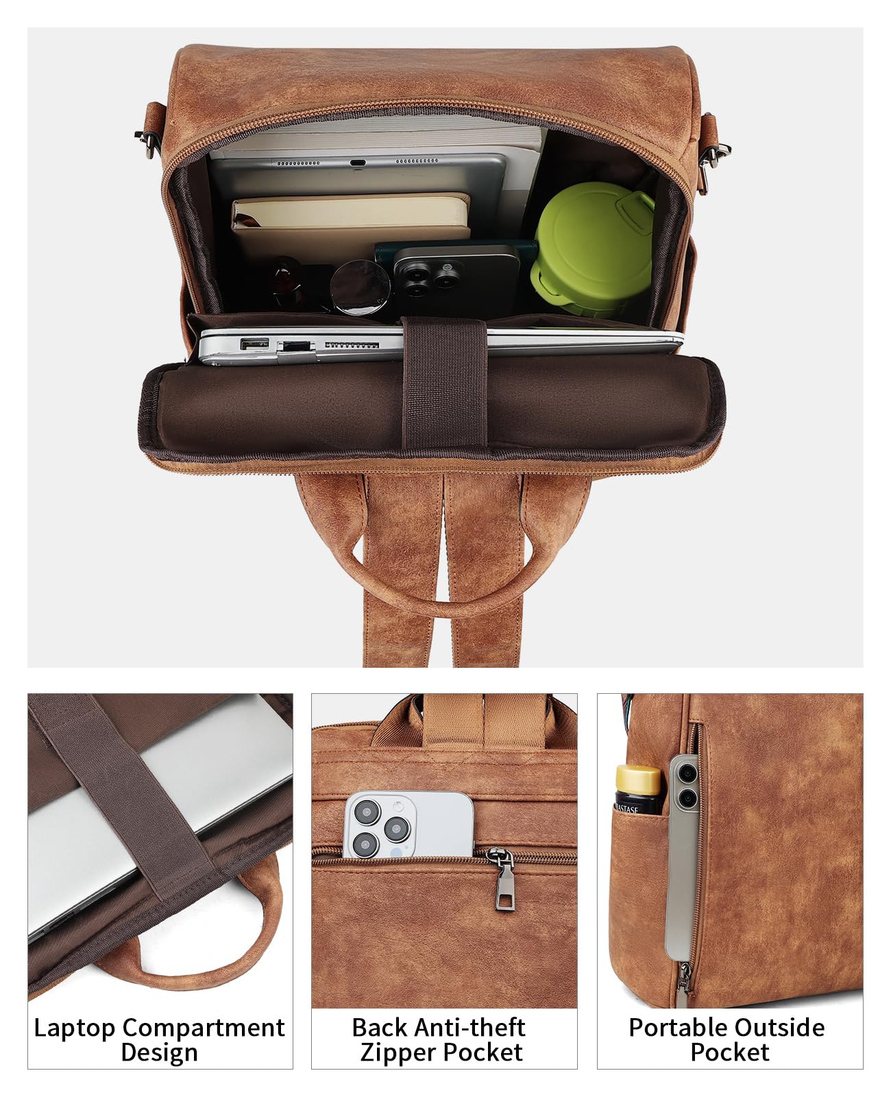 FADEON Leather Laptop Backpack for Women Designer 15.6 inch PU Laptop Bag, Ladies Travel Computer Work Backpack Brown