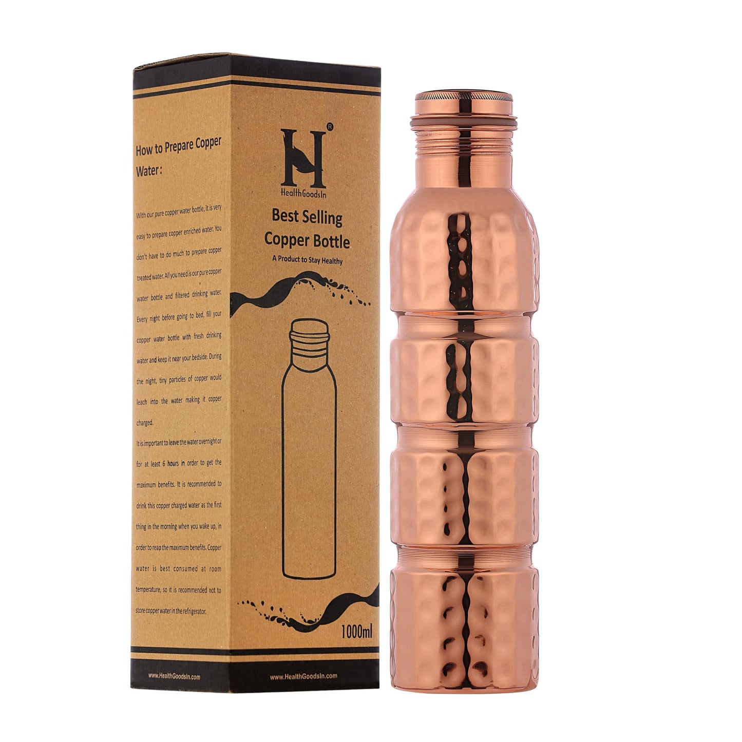 HealthGoodsIn - Pure Copper Seamless Hammered Water Bottle for Ayurvedic Benefits | Joint-free Copper Water Bottle