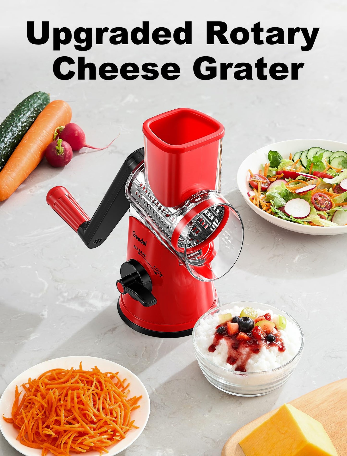 Geedel Rotary Cheese Grater Vegetable Shredder with 6 Interchangeable Blades No Slip Suction Base, Mandoline Slicer & Food Chopper for Cheese, Ice, Nuts, Vegetables, Veggie