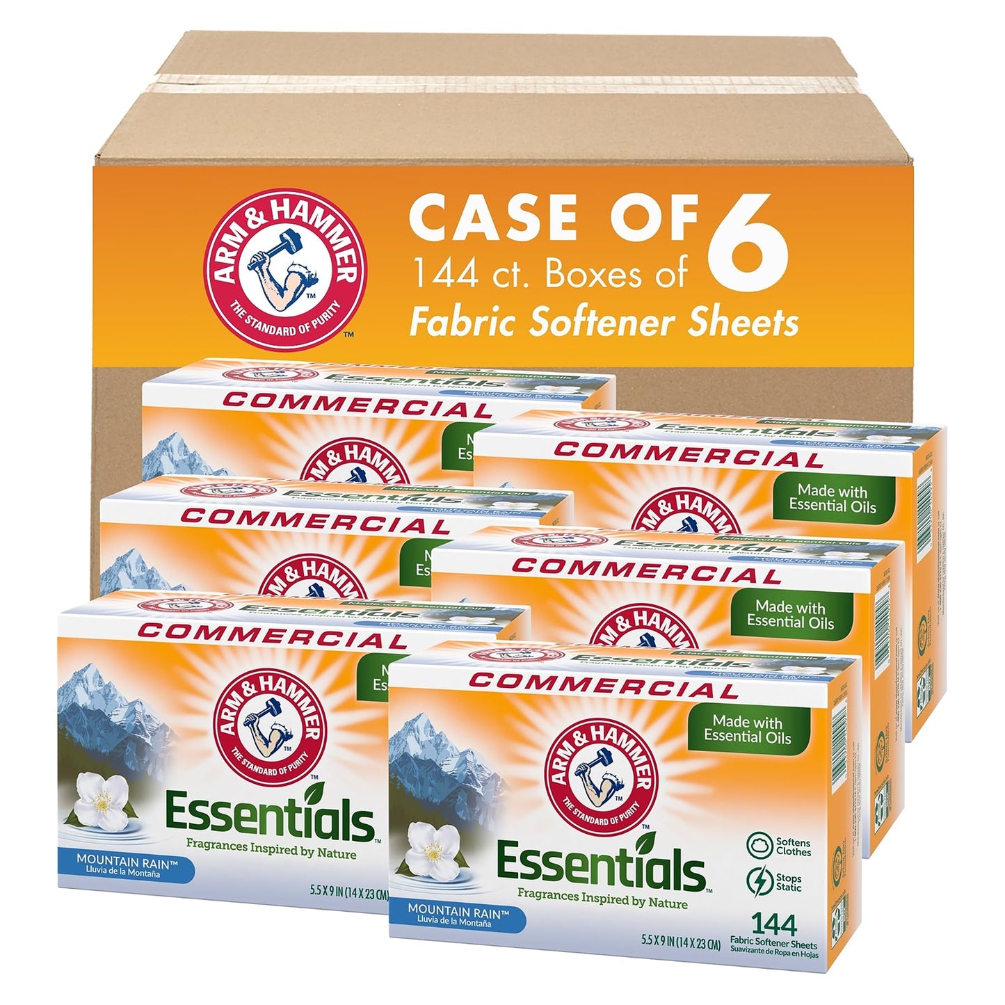 Arm & Hammer 3320000102 Essentials Dryer Sheets, Mountain Rain, 144 Sheets/Box, 6 Boxes/Carton