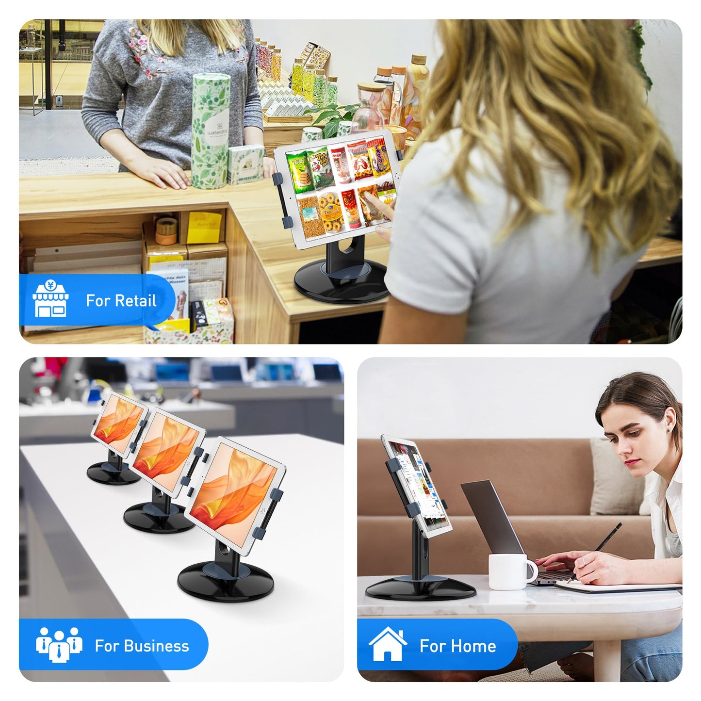 AboveTEK Retail Kiosk Tablet Stand, 360° Rotating Commercial Stand for 6-13" Display Tablets as Business Tablet Holder, Swivel Design for Store POS Office Showcase Reception Kitchen Desktop