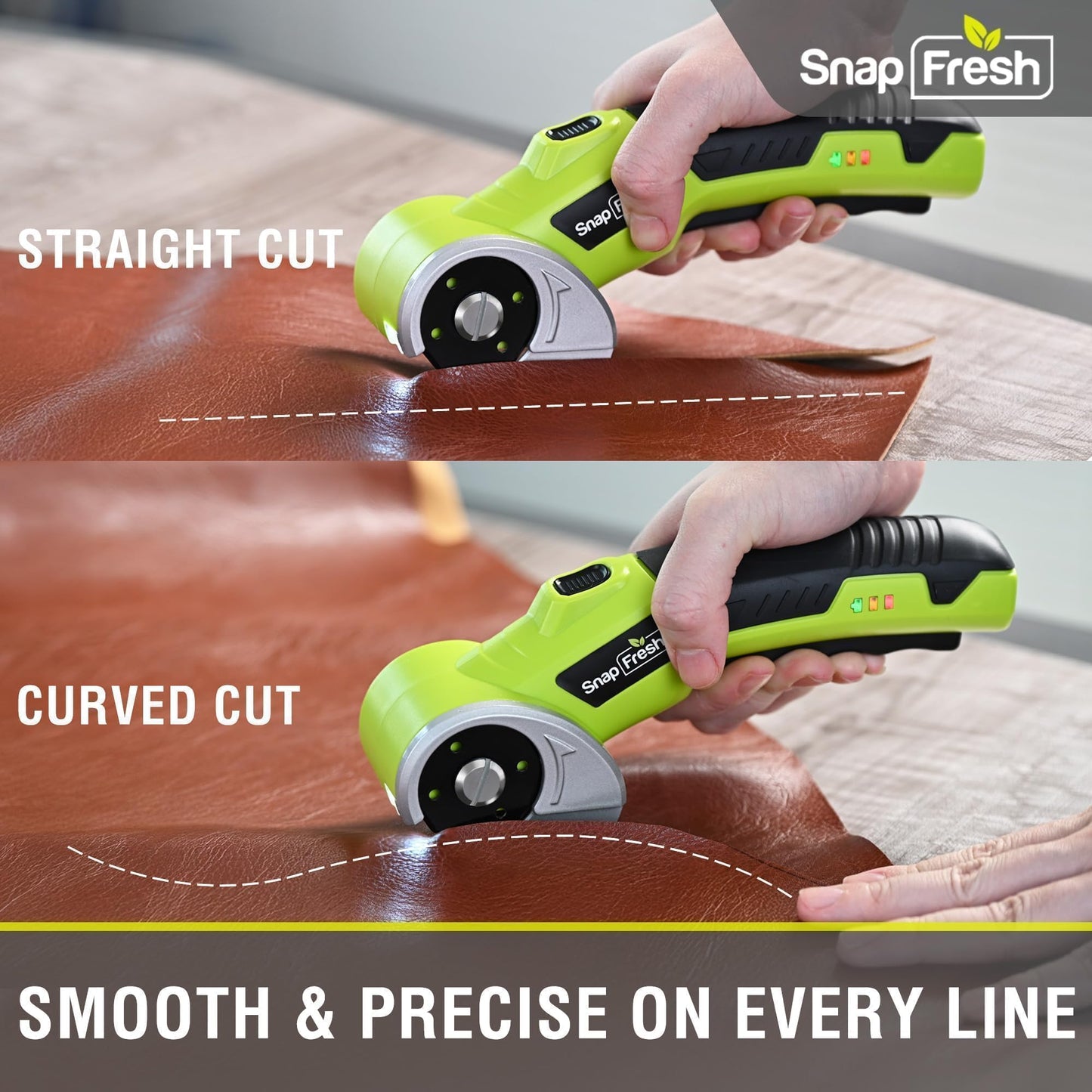 SnapFresh 4V Cordless Electric Scissors-Rechargeable Rotary Box Cutter w/ 2.0Ah Battery, 2 Self-Sharpening Blades, 285RPM,LED & Safety Lock,Carpet Cutter Tool for Cardboard, Fabric, Leather, Plastic