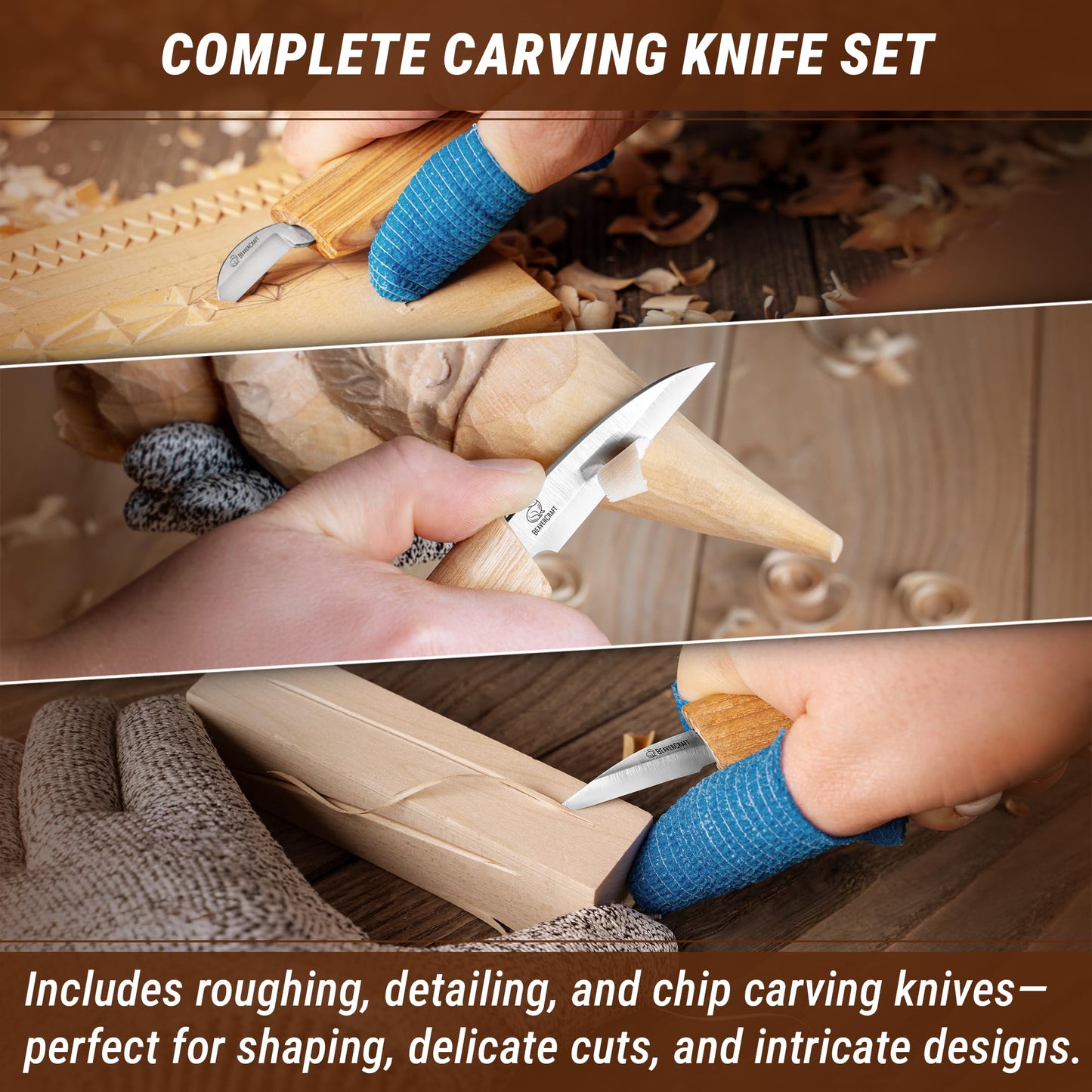 BeaverCraft Wood Carving Knife Kit for Beginners & Kids S15 – Whittling Knives Set with Sloyd, Chip Knife for Carvers – Wood Whittling Kit Includes Carving Tools, Leather Strop, Polishing Compound