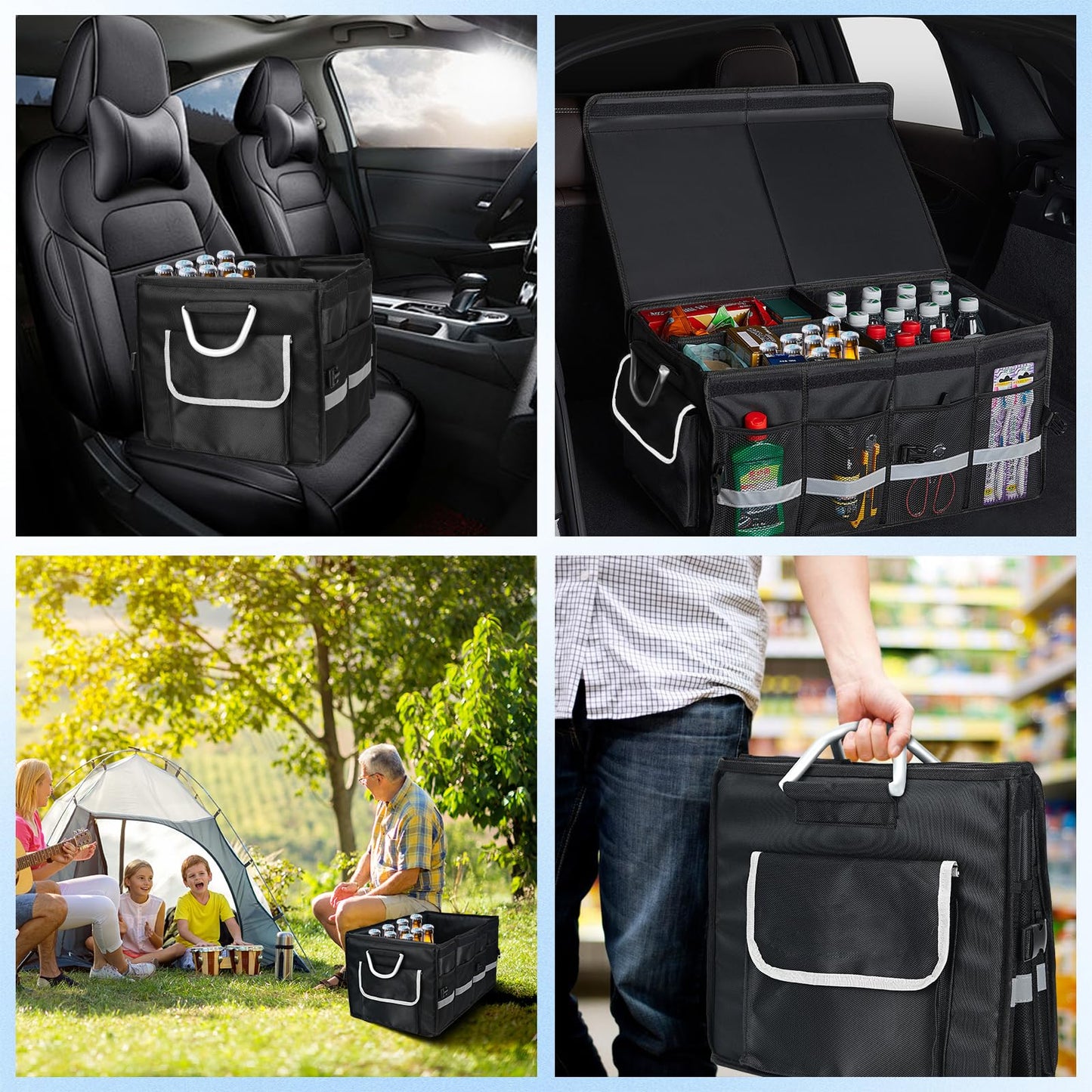 Car Trunk Organizer for SUV, ONATISMAGIN Collapsible Multi Compartments Trunk Storage Organizer, Waterproof Car Storage Organizer with Foldable Lid, Aluminium Handle, Non Slip Bottom (Black)