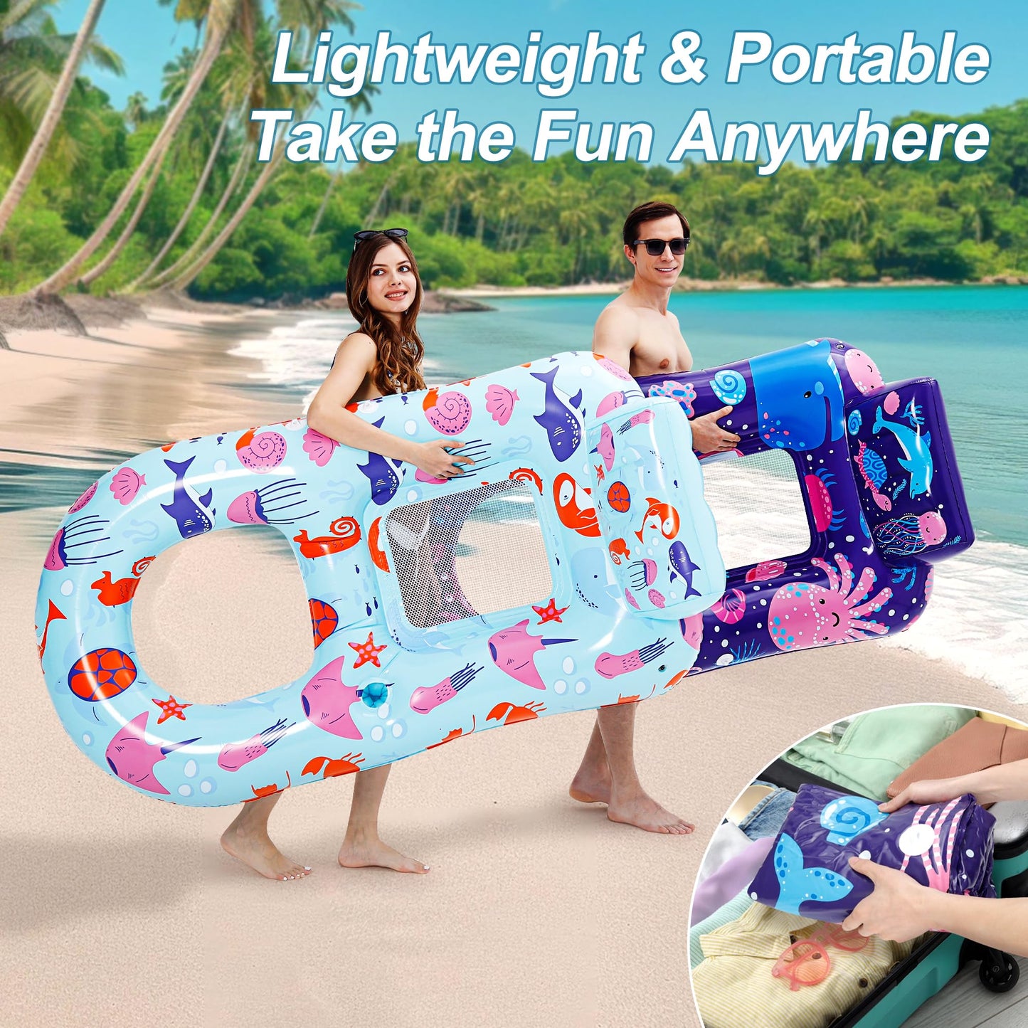 PuppyuWill 2 Pack Pool Floaties for Adults,Inflatable Pool Lounger Float Heavy Duty with Cup Holder, Backrest & Footrest Pool Lounge Float Extra Large Pool Rafts for Adults Beach Lake Party