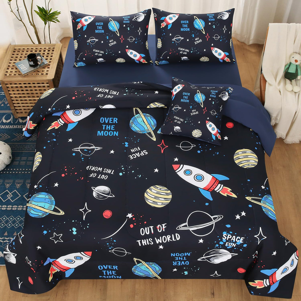 JQinHome Full Space Comforter Set for Kids,6 Piece Bed in A Bag 3D Galaxy Space Rocket Planets Bedding Set for Teens Boys Girls (1 Comforter,2 Pillowcases,1 Flat Sheet,1 Fitted Sheet,1 Cushion Cover)