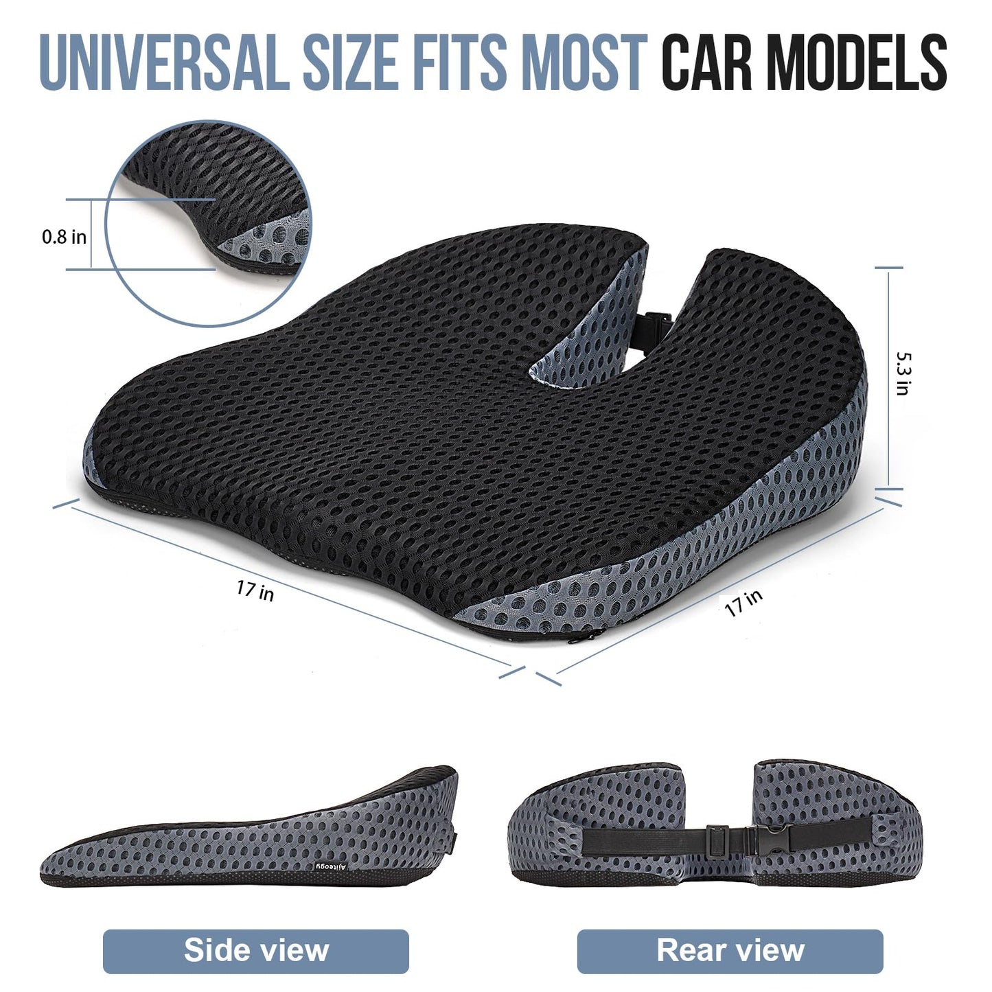 Car Seat Cushion, Memory Foam Car Wedge Seat Cushion for Driving, Height Booster & Posture Support, 4D Mesh Seat Pad with Adjustable Straps - Universal Fit for Office/Vehicle