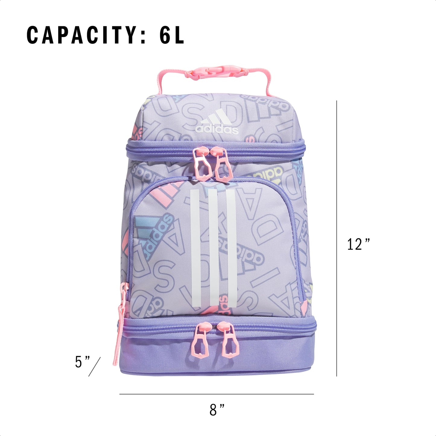 adidas Excel Insulated Lunch Bags, Lunch Cooler with Zipper, Pocket for Ice Pack, and Clip, Temperature Control Insulation, Adi Comp Silver Violet/Light Purple/Pink Spark, One Size, Excel Insulated