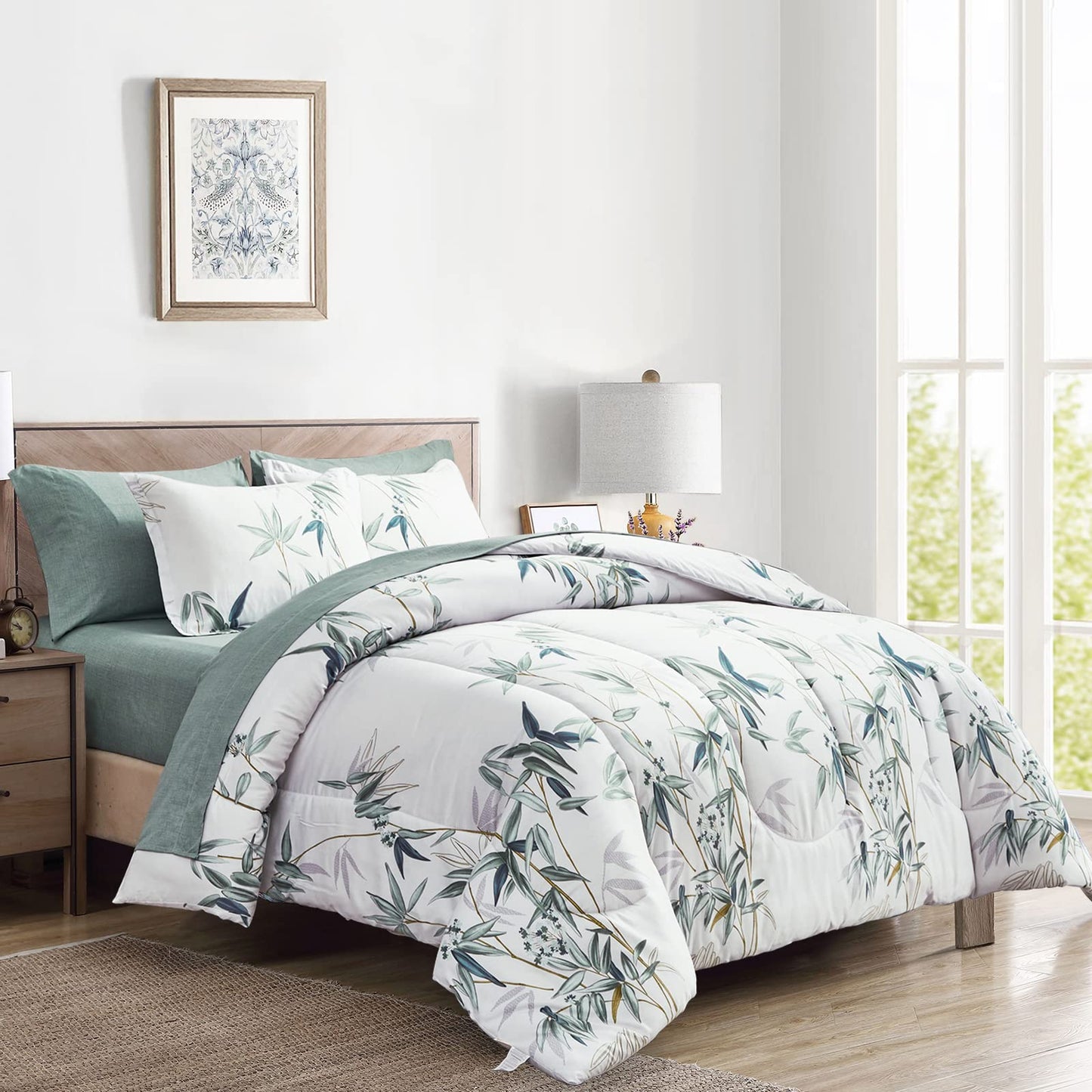 7 Pieces Bed in a Bag King Comforter Set with Sheets, Green Leaves on White Botanical Design Bedding Sets for All Season (1 Comforter, 2 Pillow Shams, 1 Flat Sheet, 1 Fitted Sheet, 2 Pillowcases)