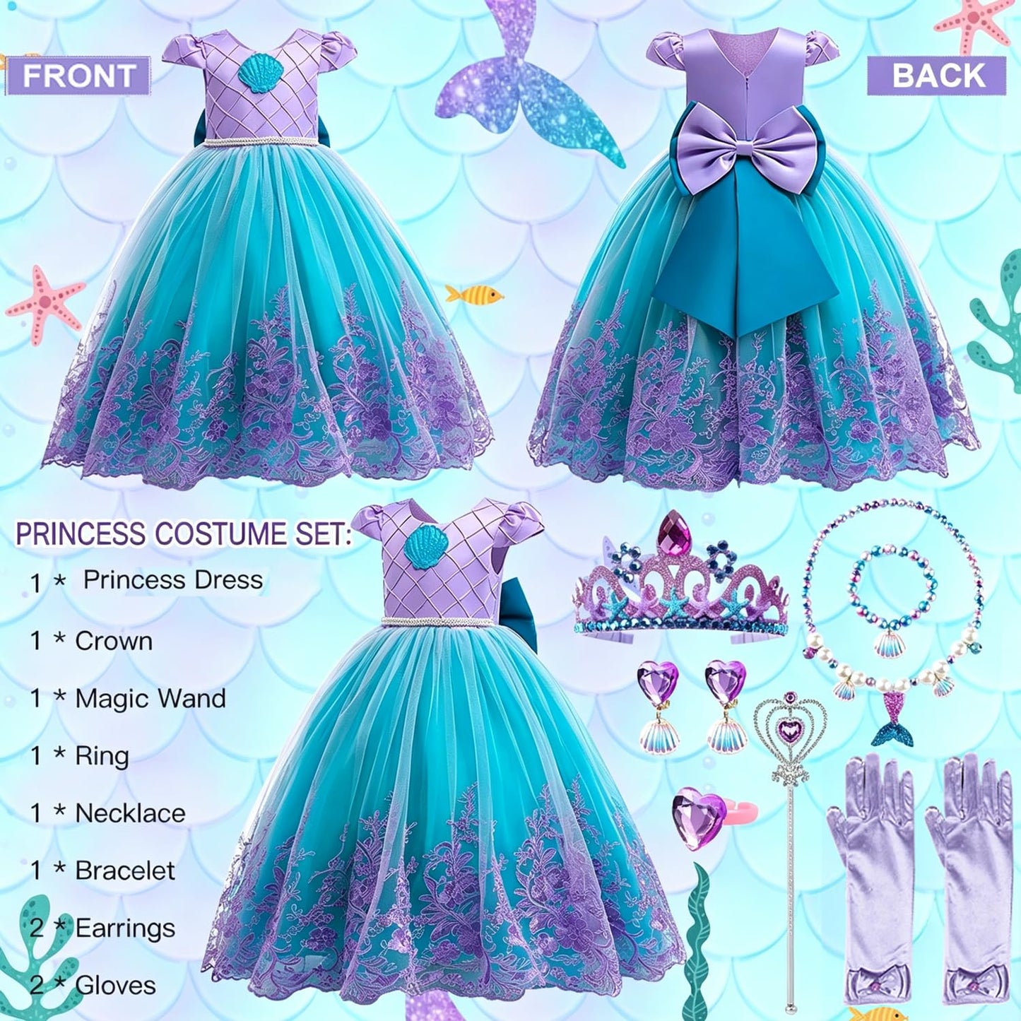 Mermaid Princess Costumes for Girls, Princess Dress Up with Accessories for Birthday Party Halloween Carnival Cosplay (110)