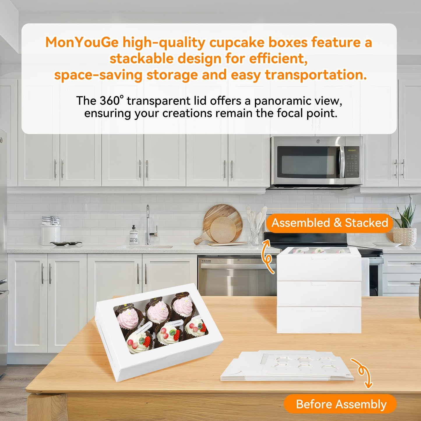 MonYouGe 30-Set Cupcake Boxes Bulk with Clear Display Window Hold 6 Standard Cupcakes, Disposable Food Grade White Cupcake Carrier Cupcake Container, Perfect for Cupcakes Muffins Cookies Pastries