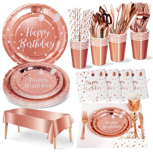 Nkaiso Birthday Party Tableware, 161 Pieces Rose Gold Party Supplies, Party Dinnerware Sets Include Paper Plates Napkins Cups Silverware, for Shower Engagement Parties Decoration -20 Serves