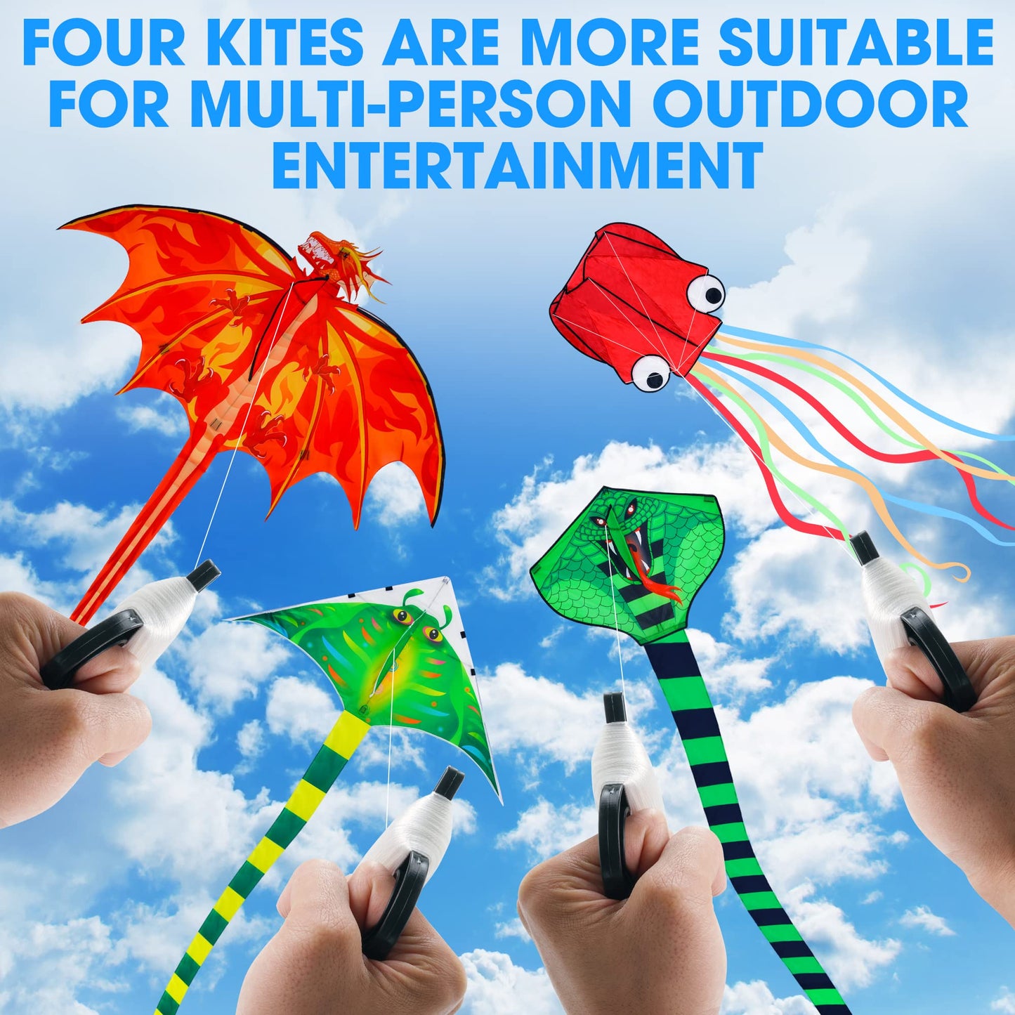 4 Pack Kites - Large Fire Dragon Kite Green Snake Devil Fish Red Mollusc Octopus with Long Colorful Tail for Kids Adults Outdoor Game Activities