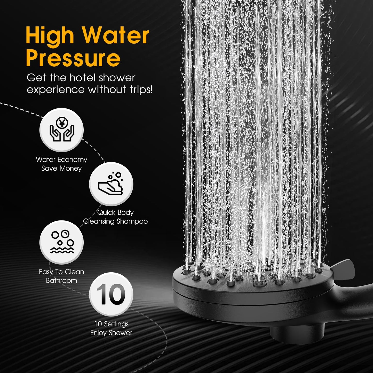 High Pressure 10 Ways Handheld Shower Head Matte Black- Anti-Clog Nozzles, Built-in Power Wash to Clean Tub, Wall & Overhead Brackets,Magnetitc Rainfall Shower Wand,Built-in 2 Power Jet (Black)