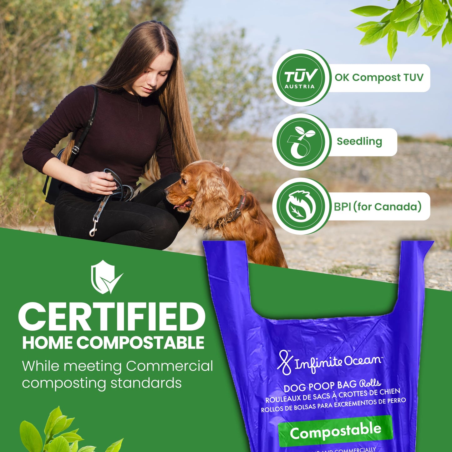 Certified Home Compostable Dog Poop Bag Rolls, 300 Count Tie-Handle & Gusseted Leak-Proof, Odor-Proof, Thick Blue Refill Rolls, Unscented
