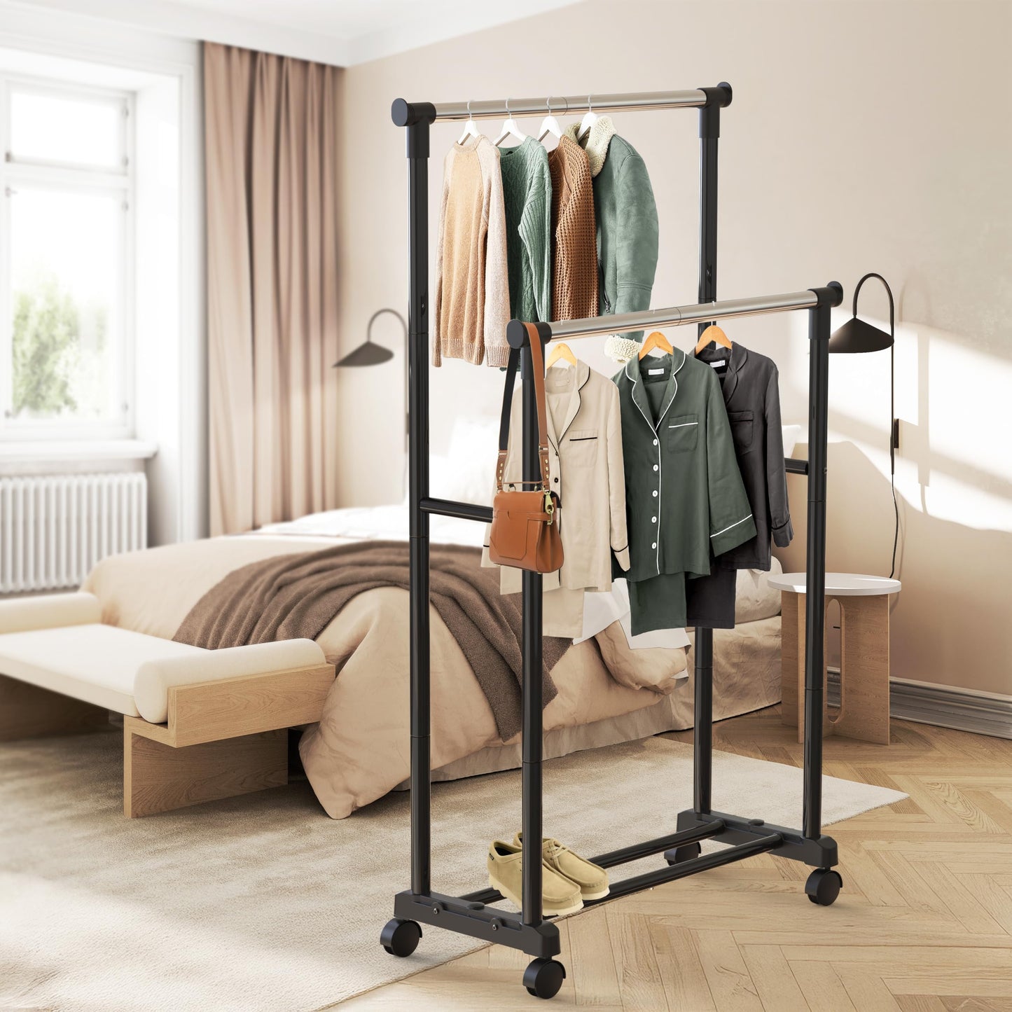 Simple Houseware Double Rods Clothing Rack on Wheels, Metal Rolling Garment Rack for Hanging Clothes, Black