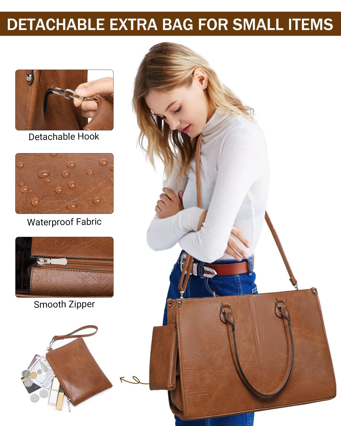 Laptop Tote Bag with Insulated Lunch Compartment for Women Work, PU Leather Lunch Bag with 15.6 Inch Computer Compartment Brown