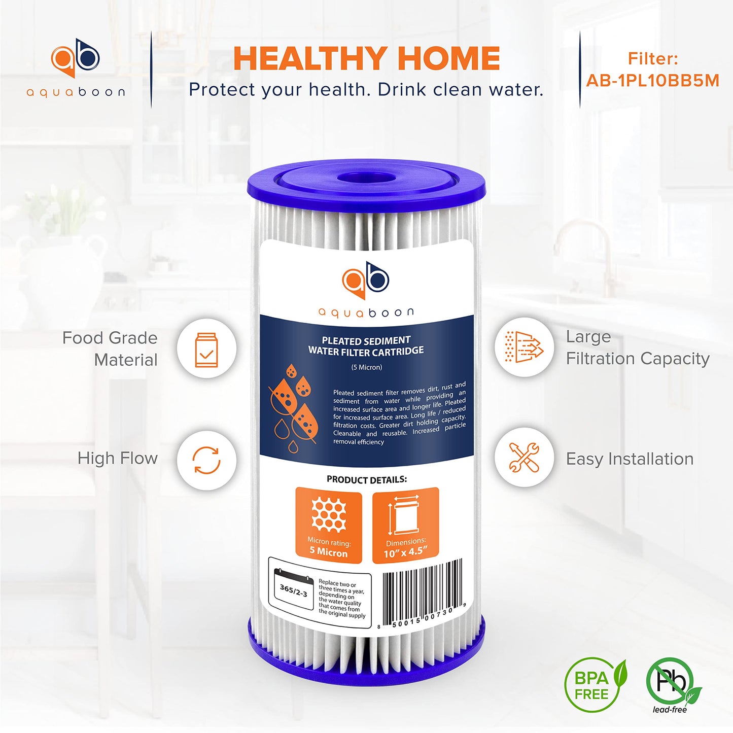 Aquaboon 5 Micron Pleated Sediment Water Filter 10 x 4.5 Cartridge - Whole House Water Filter Replacement - Whole House Water Filters Cartridges Compatible with Well Filters FXHSC, R50-BBSA, 4-Pack