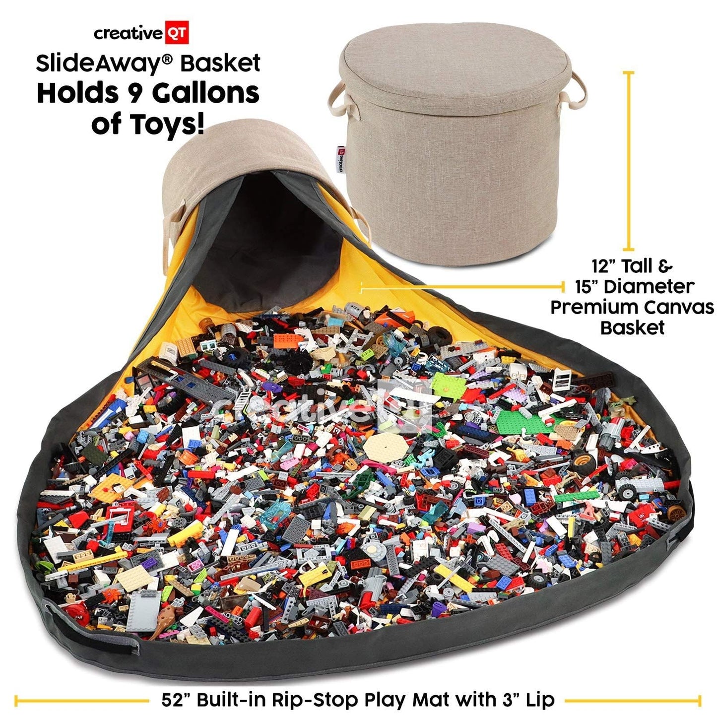 Creative QT - SlideAway Toy Storage Basket and Play Mat – Tidy with Ease, Organize Small Toys, Building Bricks, Action Figures – Large Drawstring Foldaway Play Surface - 12”x15” - Heather Beige