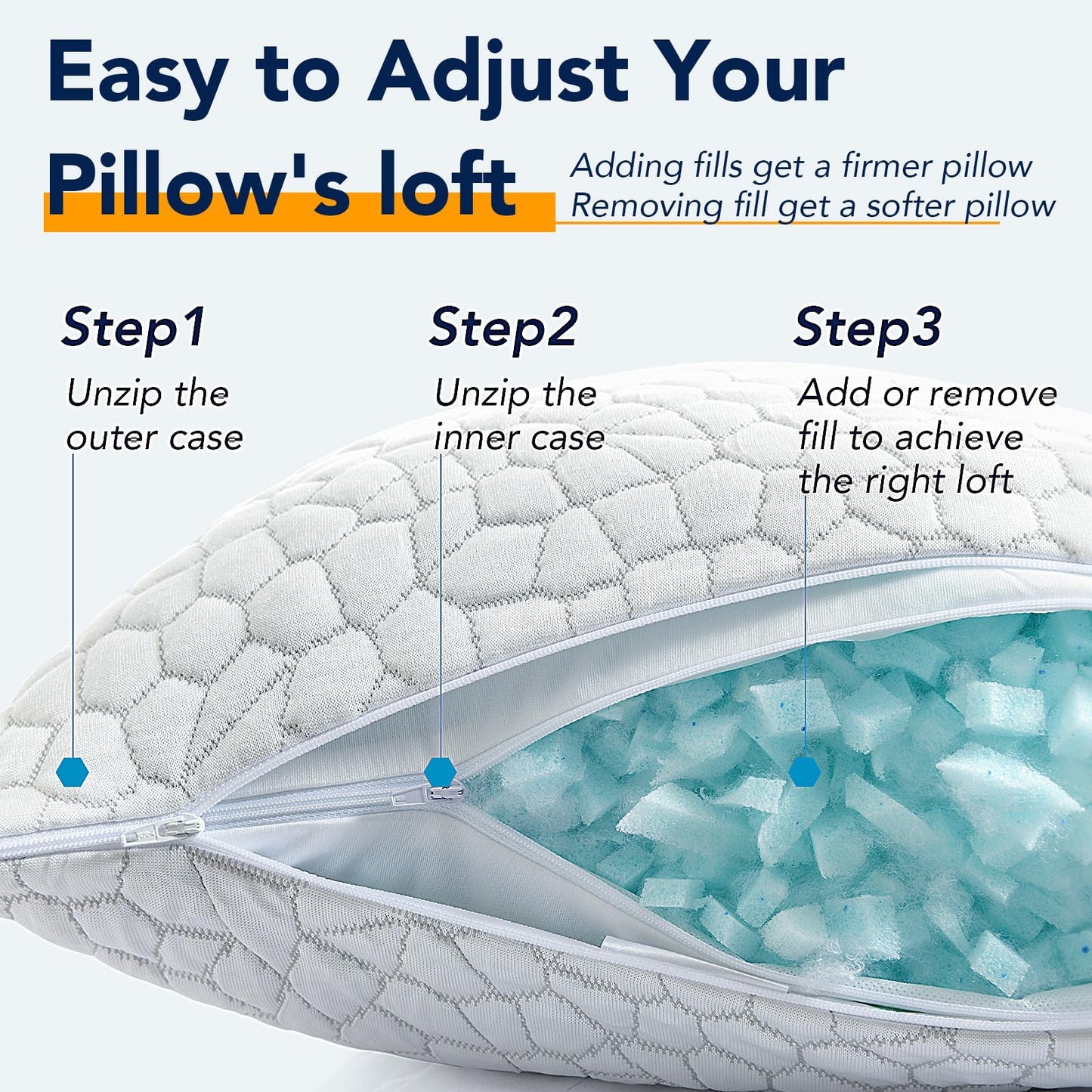 Cooling Memory Foam Pillows Queen Size Set of 2, Adjustable Shredded Foam Bed Pillows for Sleeping, Soft Support Pillows for Side & Back Sleepers with Breathable Dual-Sided Bamboo & Cooling Fabric