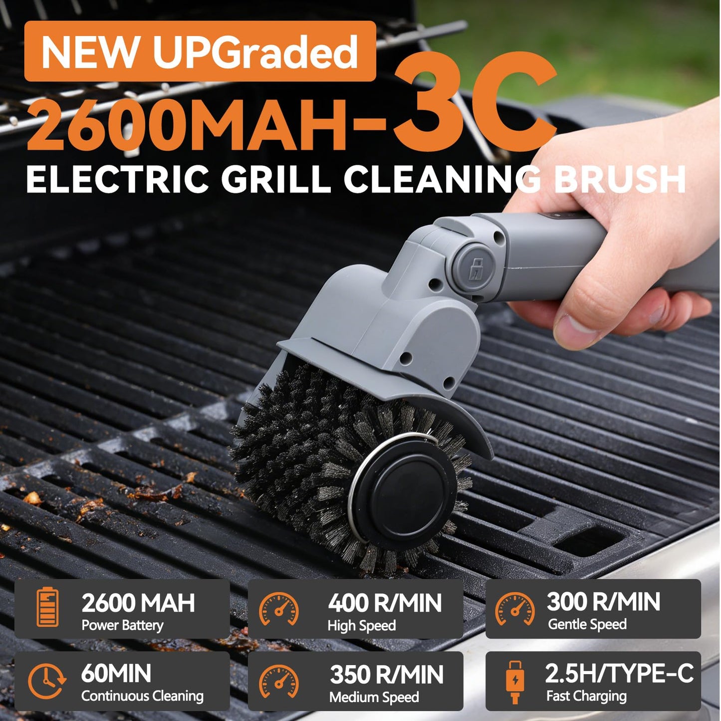 PUVIRECN Electric Grill Cleaner 3 in 1, Cleaning Brush Scraper, Easy Clean Cordless BBQ Barbecue Scrubber, for Father's Day, Dad! 50Kg.f High Torque, 2500mAH, 68W Motor & 360RPM, Splash Guard, IPX7