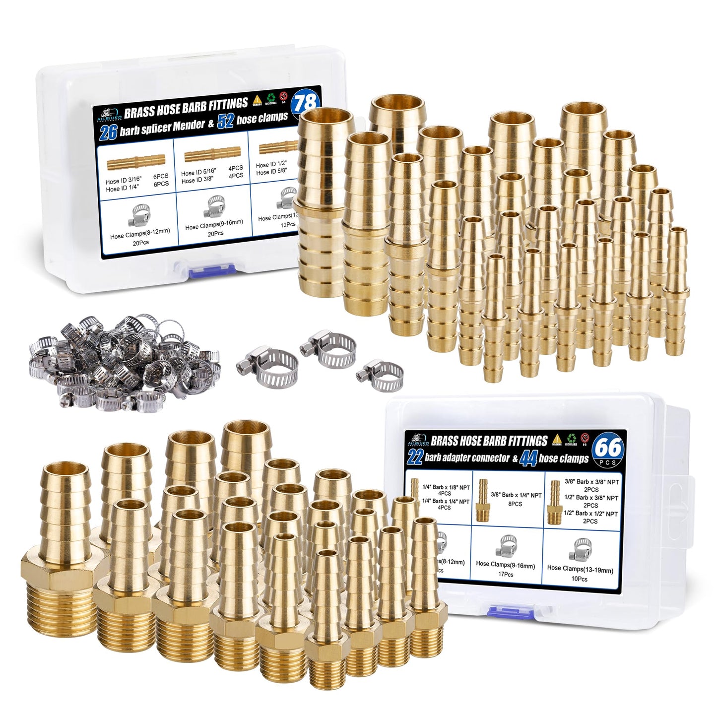 Ailbiuko 48PCS Brass Hose Barb Fittings,Barb Splicer Mender 3/16" 1/4" 5/16" 3/8" 1/2" 5/8" and Male Thread Adapter 3/8" Barbed to 1/4" NPT, 1/4" Barbed to 1/4" NPT Male with 96Pcs Pipe Hose Clamps