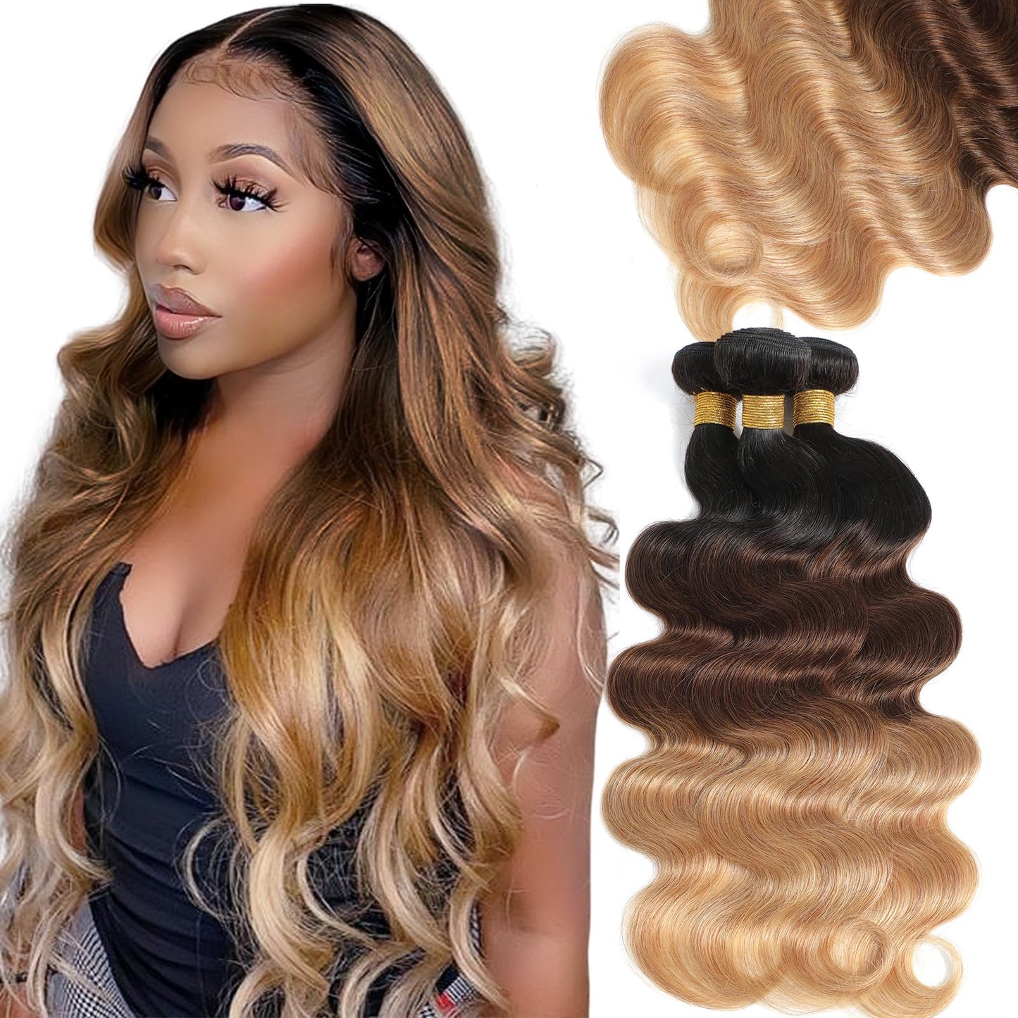 Kapelli Hair 10A Ombre Human Hair Bundles Ombre Brazilian Hair Body Wave (T1B/4/27,14" 16" 18") Ombre Brazilian Human Hair 100% Unprocessed Virgin Remy Hair Bundles 3 Tone Black to Blonde Human Hair Weave
