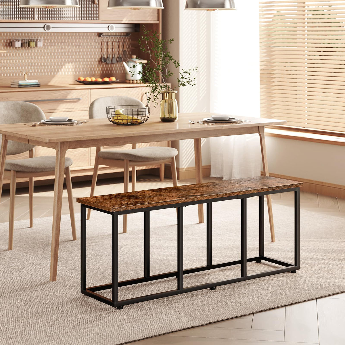HOOBRO Dining Bench, 120 cm Dining Table Bench, Industrial Style Kitchen Bench, Steel Frame, Easy to Assemble, for Kitchen, Dining Room, Rustic Brown and Black BF45CD01