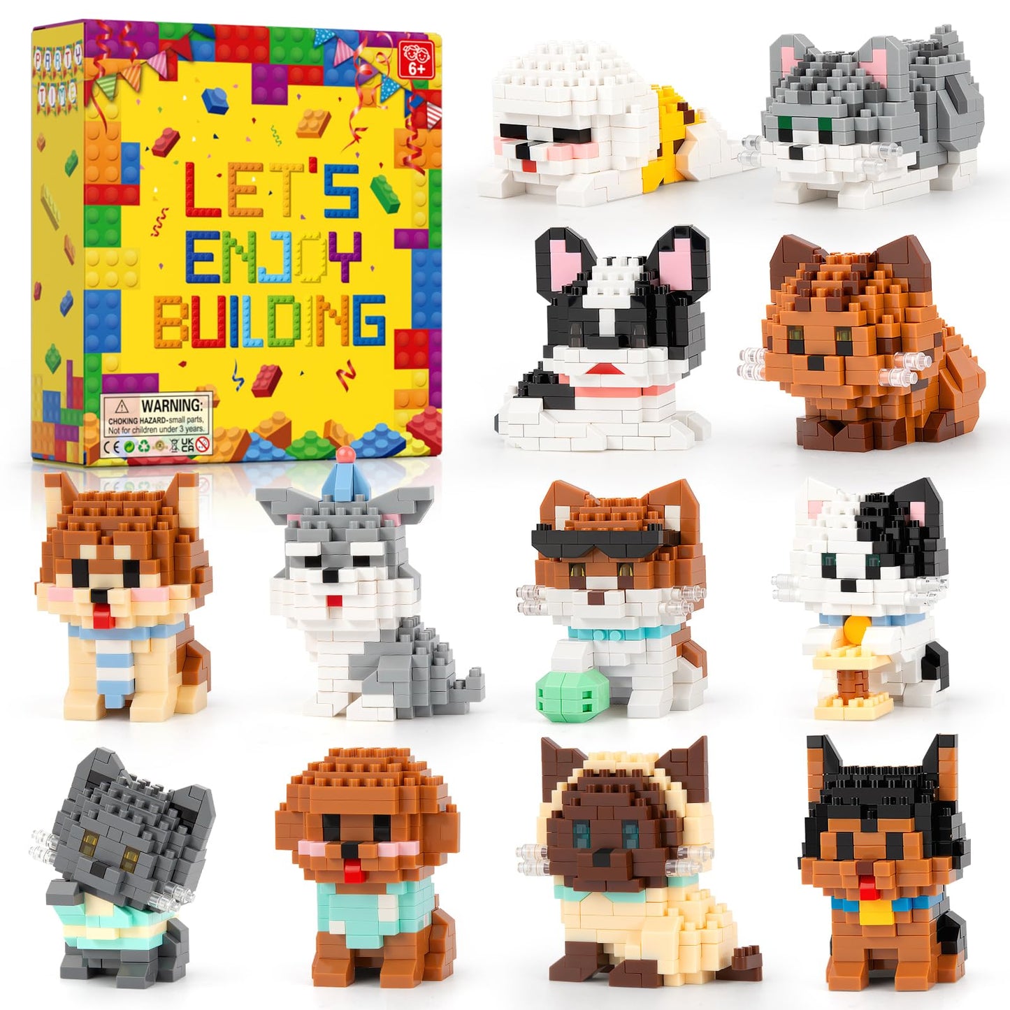 IBLOTIME Party Favors Micro Animal Building Sets Easter 12 Mini Cat Dog Figures 2189 PCS Micro Bricks Creative Building Kit Display Gift Christmas Birthday Ages 14+