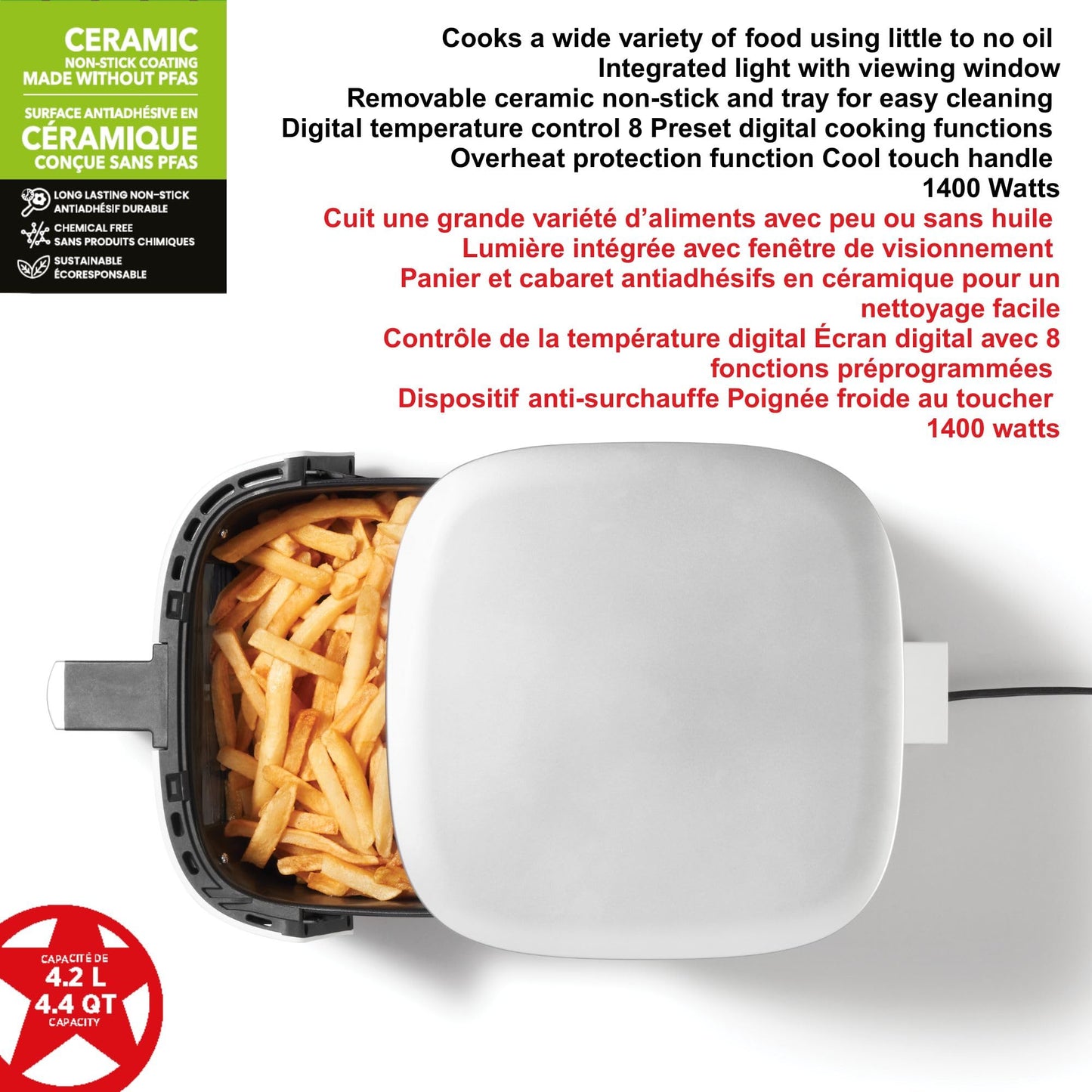 Starfrit Electric Digital Air Fryer - 4.2L Capacity - Ceramic Non-Stick Surface - 8 Preset Functions - Viewing Window -1400W