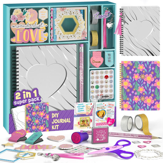 2-Pack Mega DIY Journal Kit - Gifts for Girls Ages 8 9 10 11 12 13 14 Year Old - Cool Birthday Gifts Ideas for Girls - Easter Art & Crafts for Kid - Teen Girl Trendy Stuff - Scrapbook & Diary Set